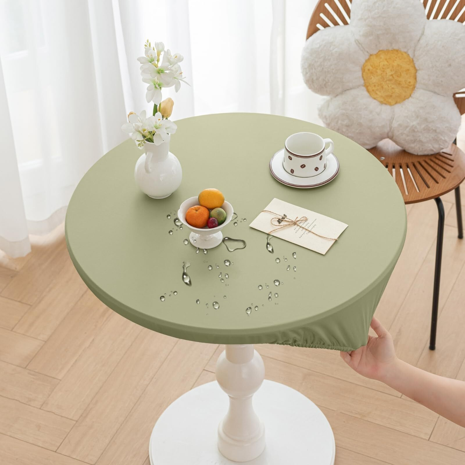 Huierxun Round Fitted Pu Tablecloth With High Elastic Edge 63 Inch Dia Waterproof Oil Proof Table Cloth Anti-Scald Stain-Resistant Wipeable Table Cover For Indoor Outdoor Picnic (Green,63"" Dia)