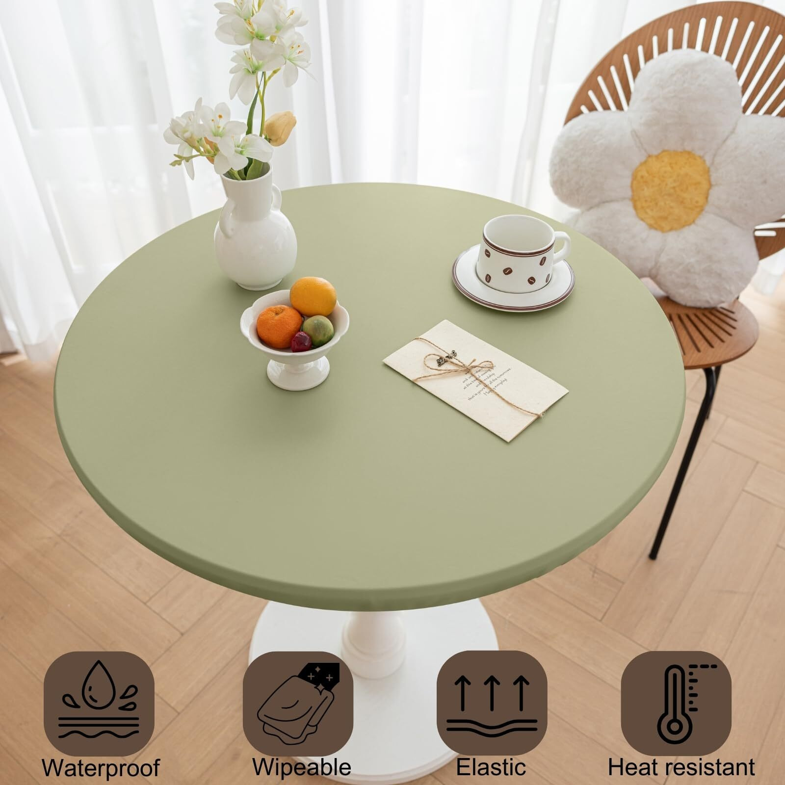 Huierxun Round Fitted Pu Tablecloth With High Elastic Edge 63 Inch Dia Waterproof Oil Proof Table Cloth Anti-Scald Stain-Resistant Wipeable Table Cover For Indoor Outdoor Picnic (Green,63"" Dia)