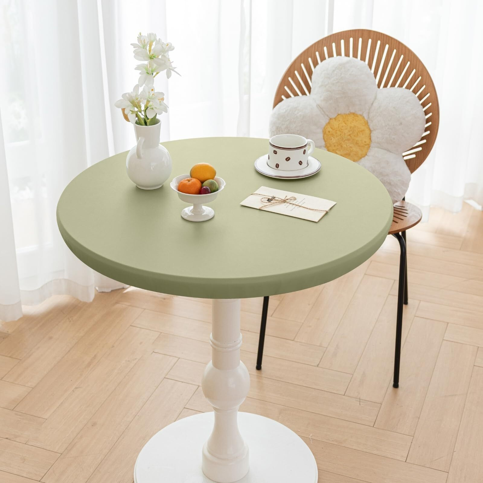 Huierxun Round Fitted Pu Tablecloth With High Elastic Edge 63 Inch Dia Waterproof Oil Proof Table Cloth Anti-Scald Stain-Resistant Wipeable Table Cover For Indoor Outdoor Picnic (Green,63"" Dia)