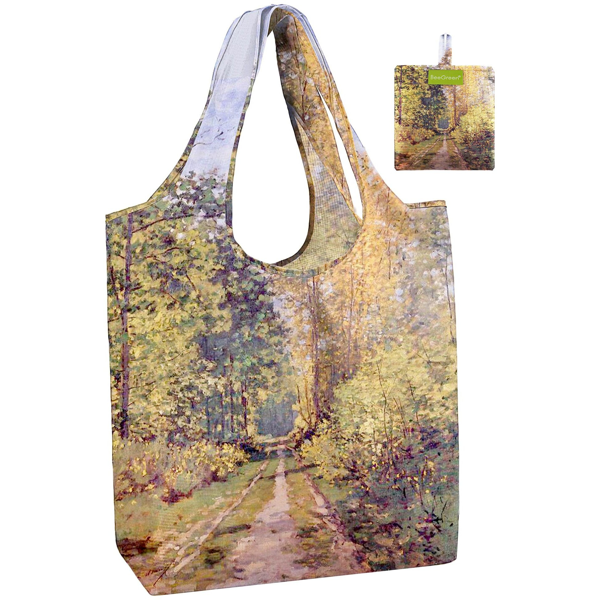 Beegreen Oil Painting Monet Tote Bag - Large Reusable Grocery Bag, Polyester Grocery Bags Gifts For Women,Foldable, Washable, Packable With Handles & Pouch For Shopping, Beach, Work, Summer
