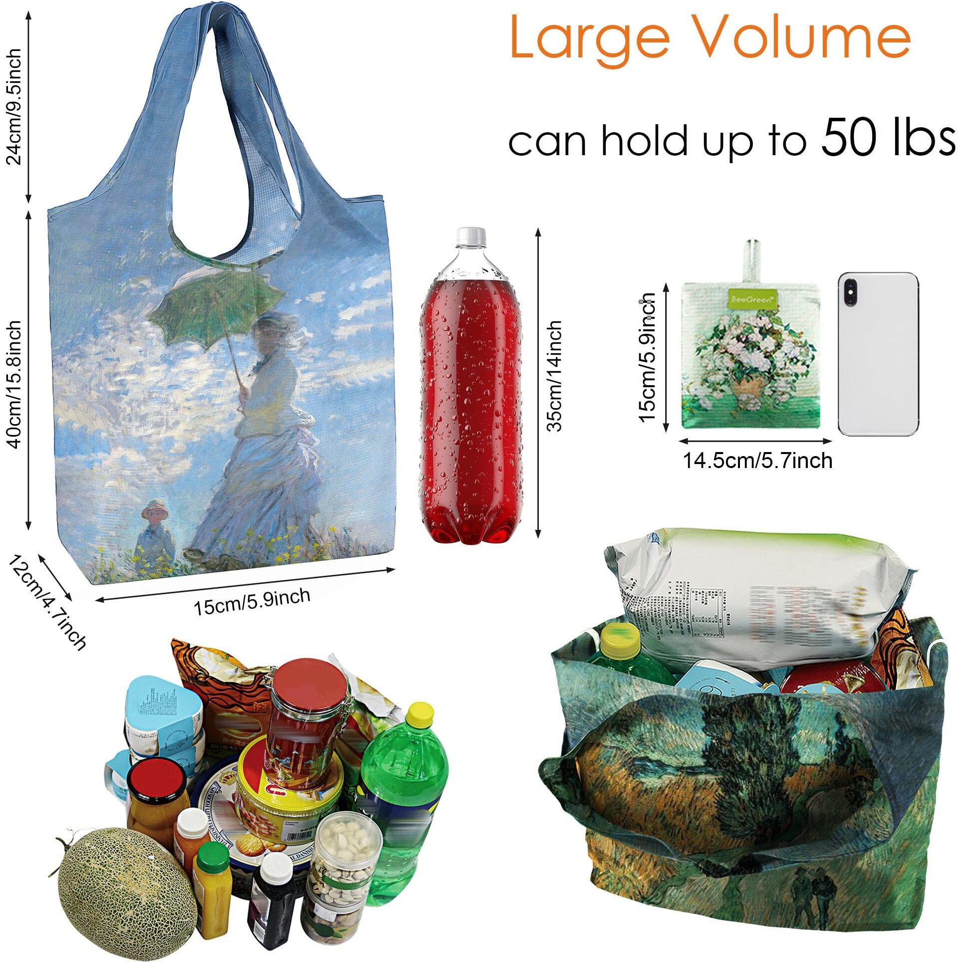 Beegreen Oil Painting Monet Tote Bag - Large Reusable Grocery Bag, Polyester Grocery Bags Gifts For Women,Foldable, Washable, Packable With Handles & Pouch For Shopping, Beach, Work, Summer