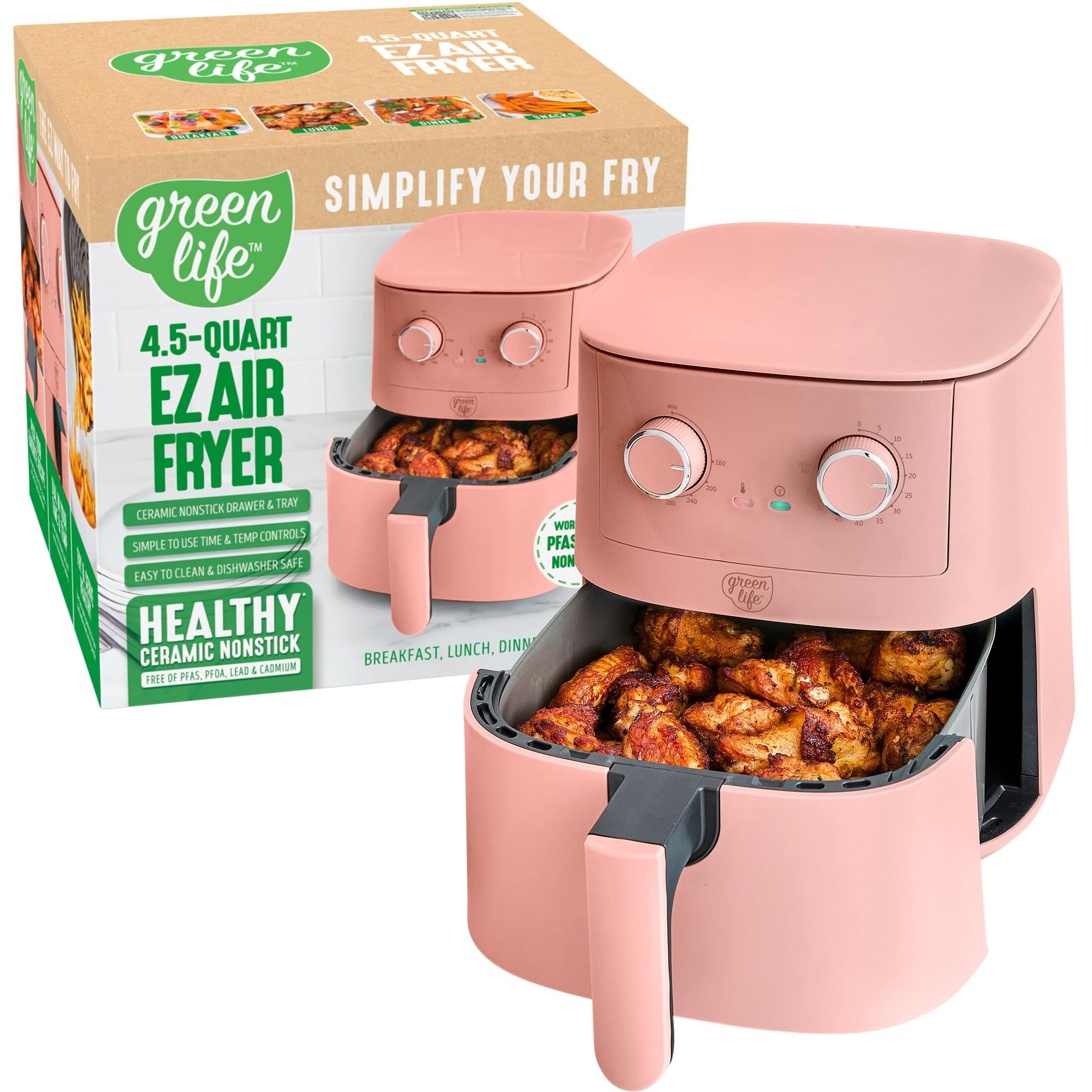 Greenlife 4.5Qt Air Fryer, Mechanical Dial Controls, Pfas-Free Ceramic Nonstick Drawer, Adjustable Temp & Timer, Led Indicator, Oil-Less Cooking, Dishwasher Safe, Compact Family Size, Pink