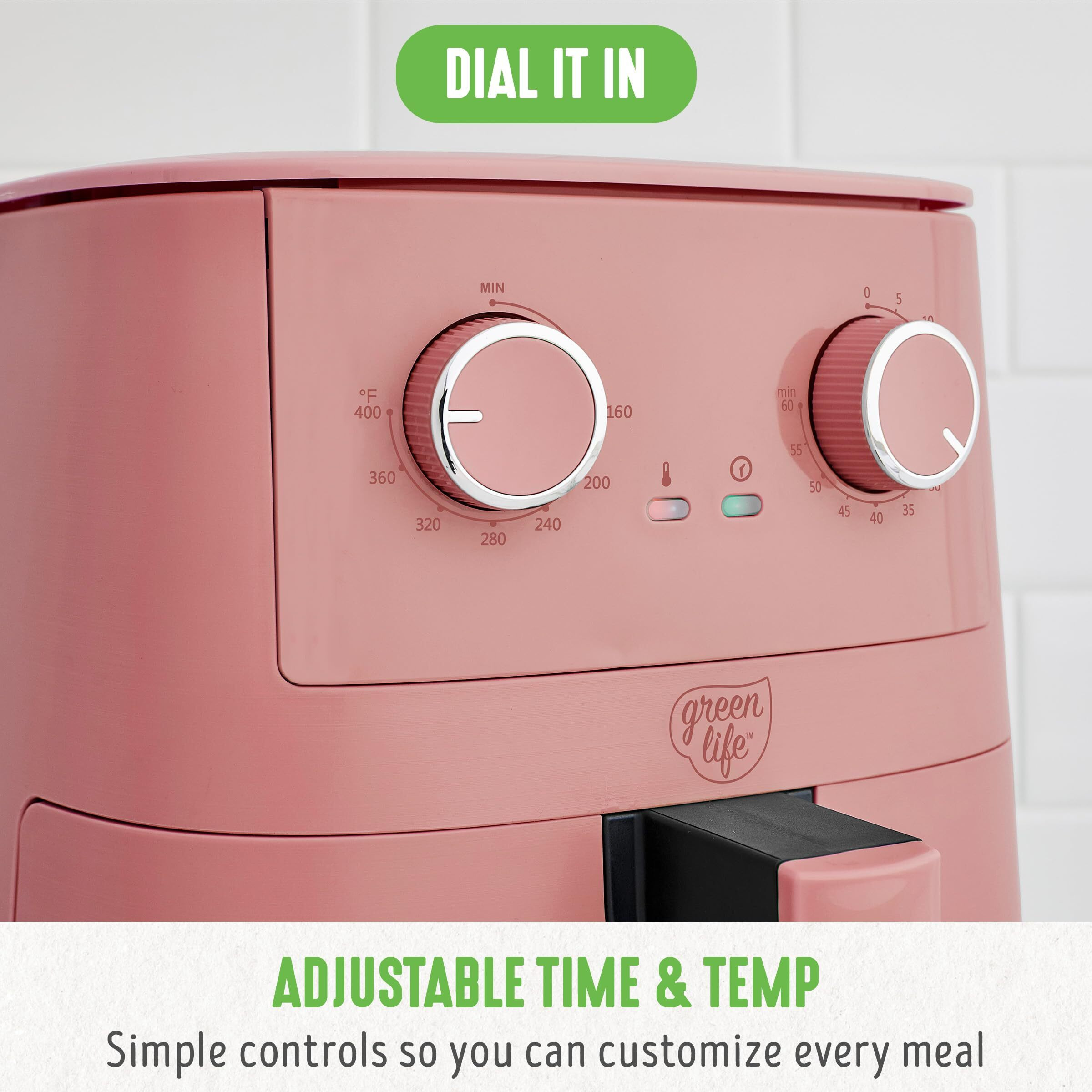 Greenlife 4.5Qt Air Fryer, Mechanical Dial Controls, Pfas-Free Ceramic Nonstick Drawer, Adjustable Temp & Timer, Led Indicator, Oil-Less Cooking, Dishwasher Safe, Compact Family Size, Pink