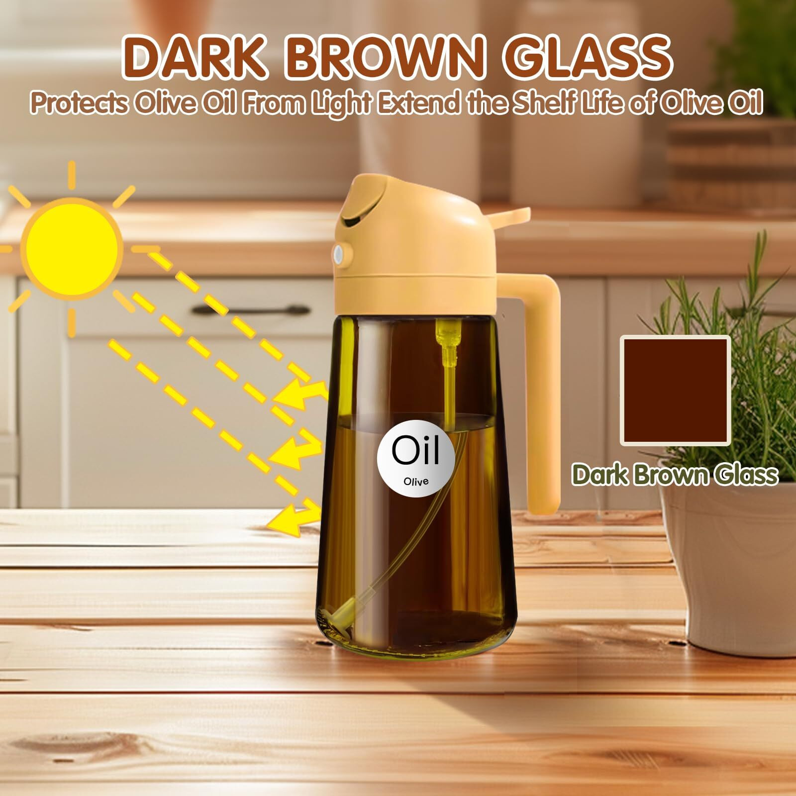 Yarramate 16Oz/470Ml Light Blocking Oil Sprayer For Cooking With Stickers, Food-Grade 2 In 1 Olive Oil Dispenser Bottle For Kitchen, Premium Dark Amber Glass Oil Bottle For Air Fryer, Bbq(Orange)