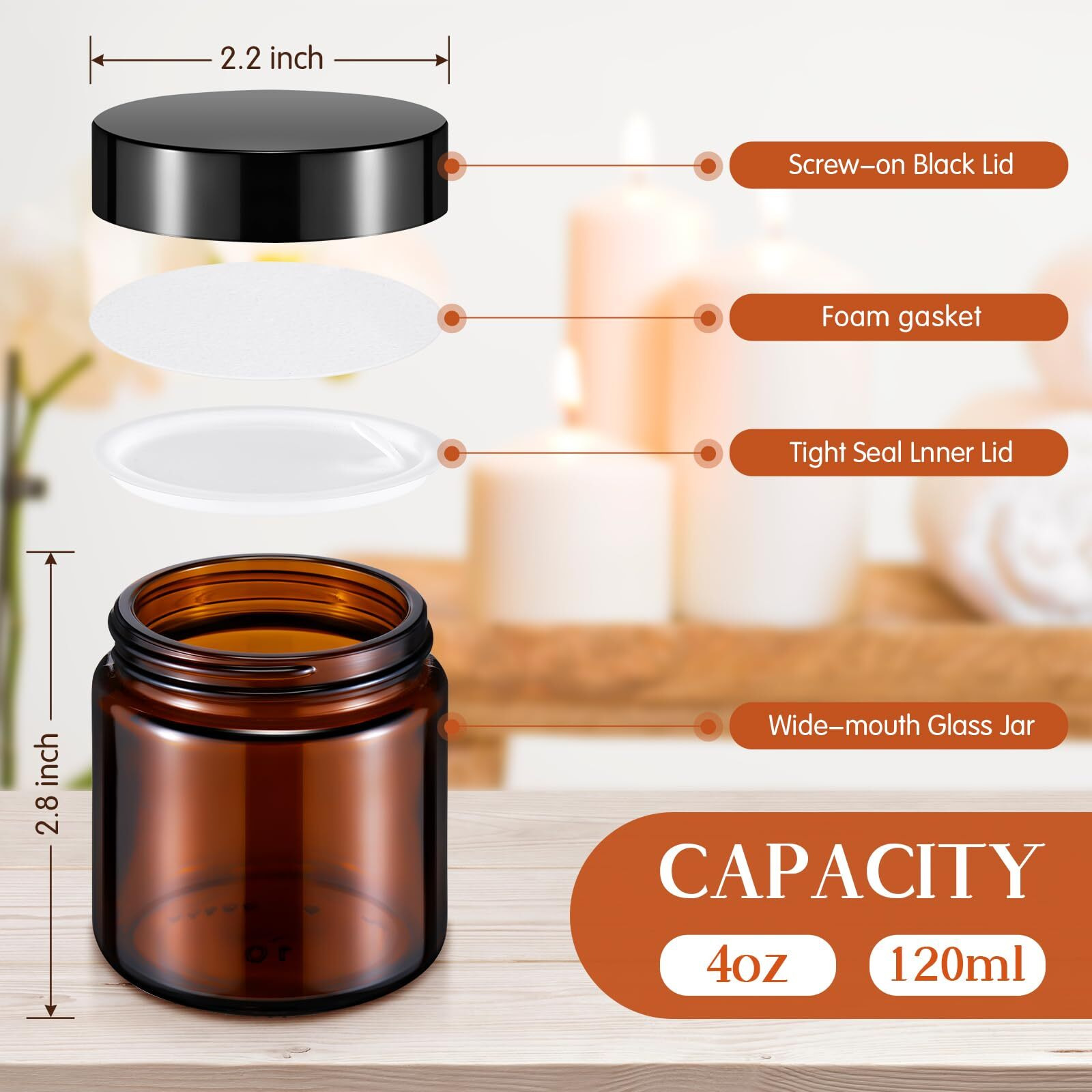 Norme 120 Pcs 4 Oz Glass Jars With Lids Leakproof Round Airtight Empty Cosmetic Jars With Inner Liners Lid For Storing Lotions Powder Ointments Candle Making Tins (Black,Amber)