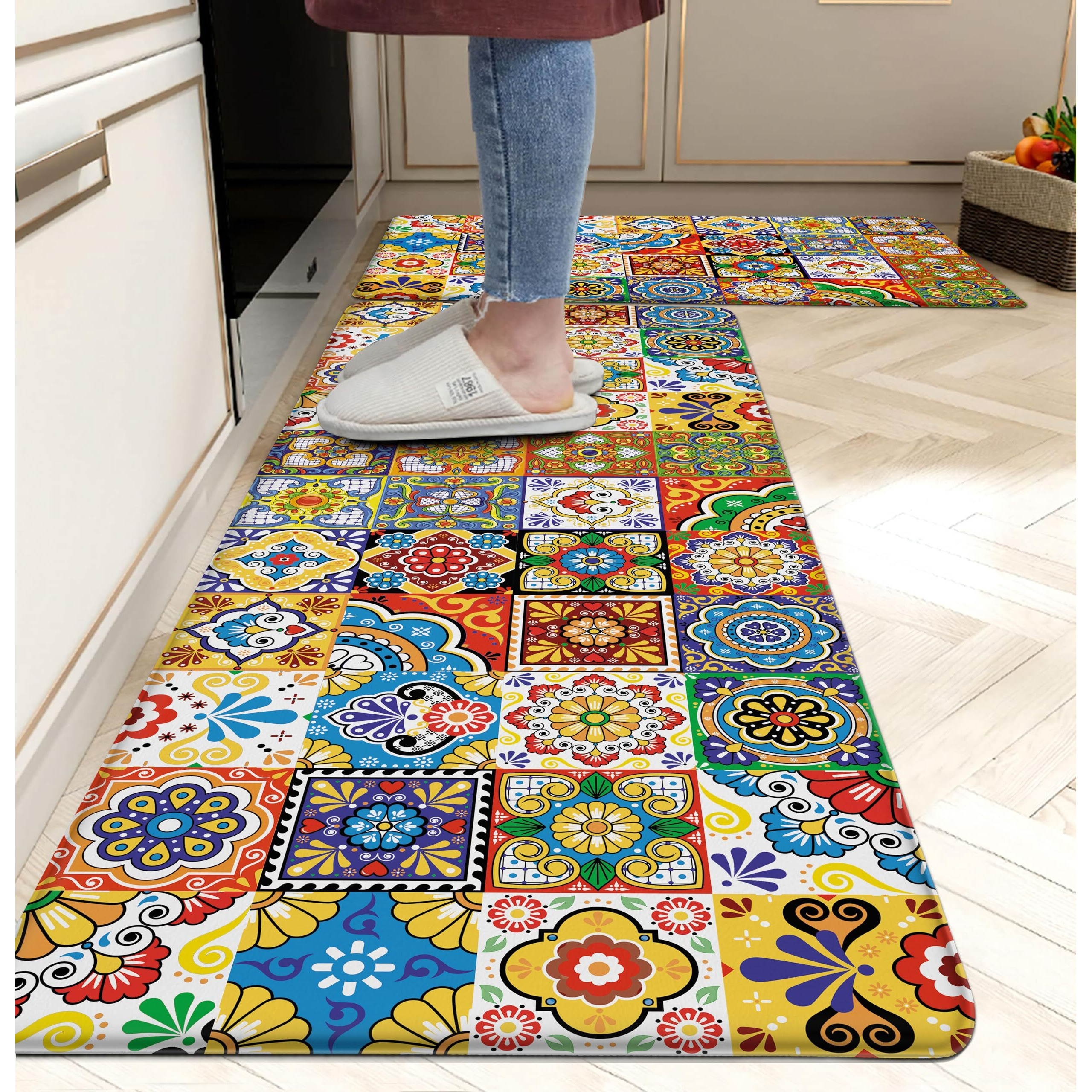 Boho Kitchen Rugs Set 2 Memory Foam Colorful Ceramic Comfort Tile Floor Mat Anti Fatigue Non-Skid Pvc Runner Rug Water & Oil Proof Carpet For Kitchen Laundry Sink,17.3X28+17.3X47 Inch, C2
