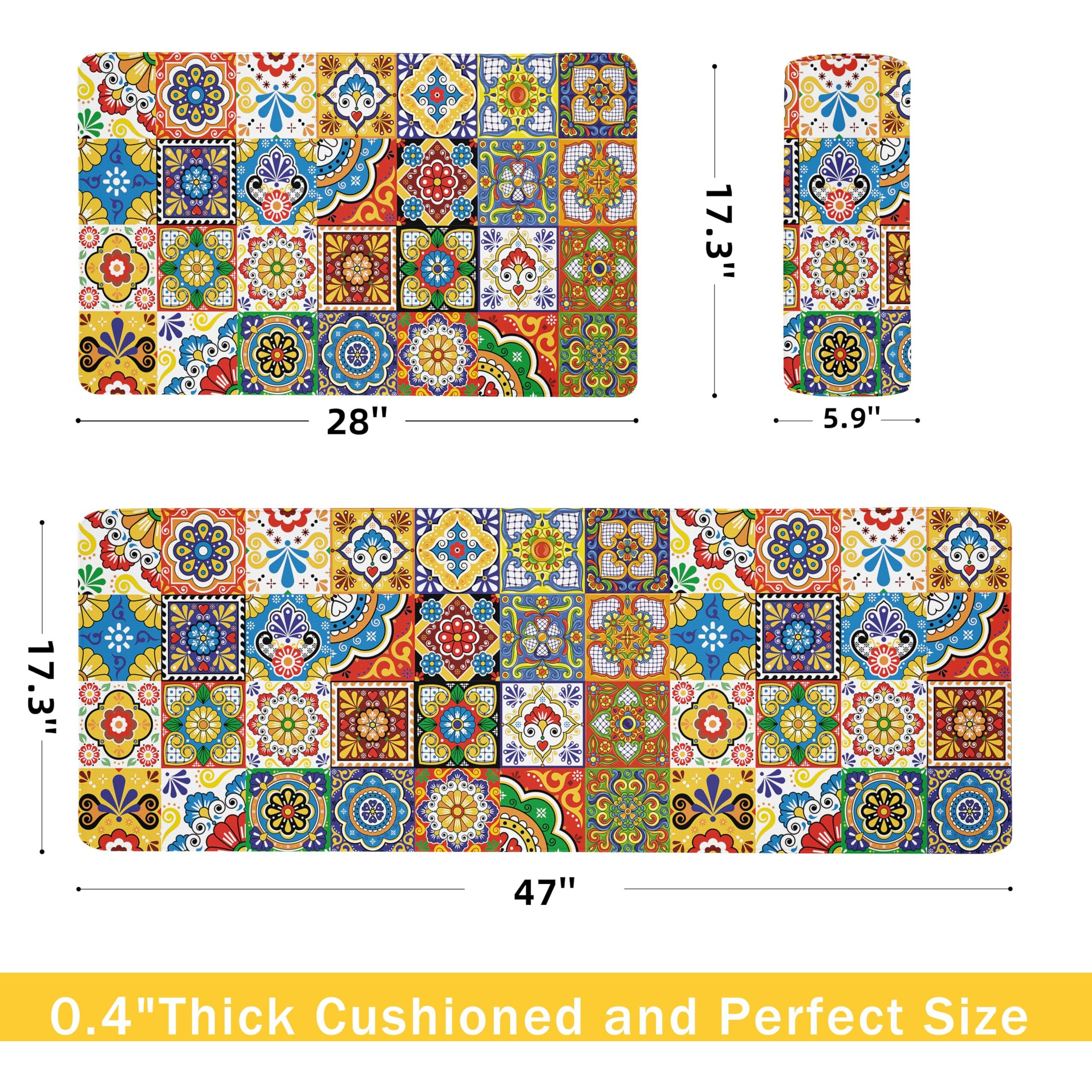 Boho Kitchen Rugs Set 2 Memory Foam Colorful Ceramic Comfort Tile Floor Mat Anti Fatigue Non-Skid Pvc Runner Rug Water & Oil Proof Carpet For Kitchen Laundry Sink,17.3X28+17.3X47 Inch, C2