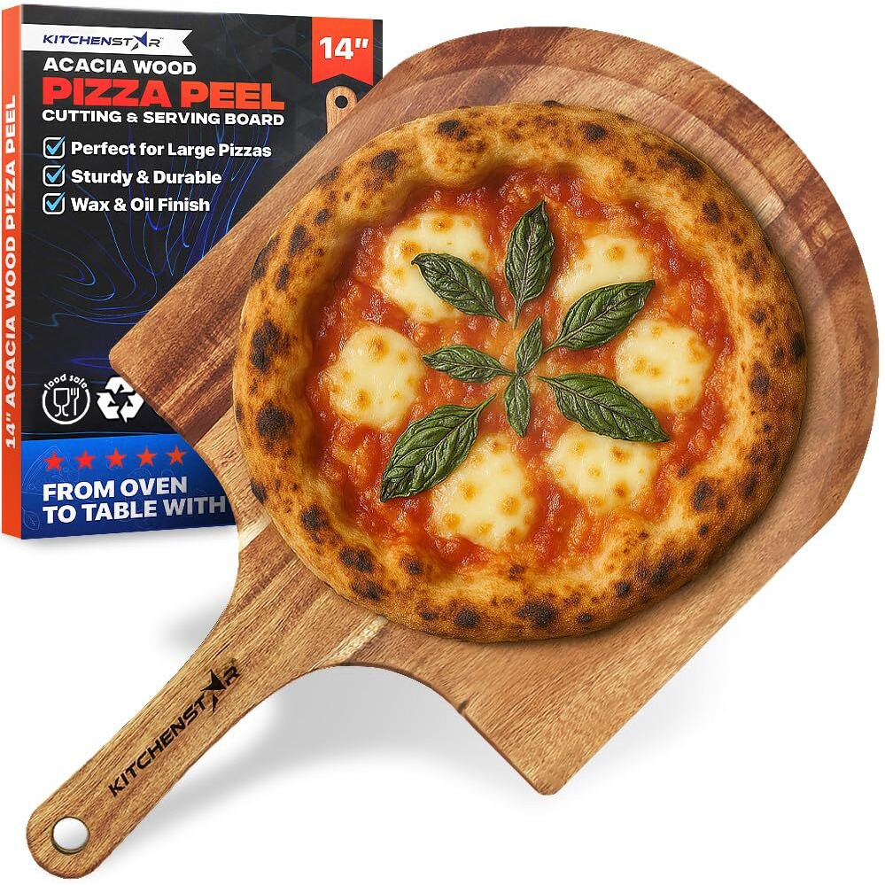 Kitchenstar 14-Inch Acacia Wood Pizza Peel - Large Wooden Cutting & Serving Board With Handle - Natural Oil Finish - Ideal Pizza Oven Accessory For Easy Sliding & Prep