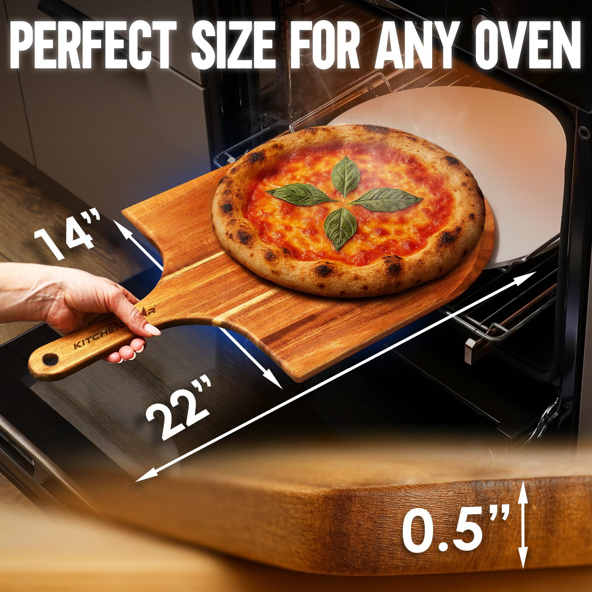Kitchenstar 14-Inch Acacia Wood Pizza Peel - Large Wooden Cutting & Serving Board With Handle - Natural Oil Finish - Ideal Pizza Oven Accessory For Easy Sliding & Prep