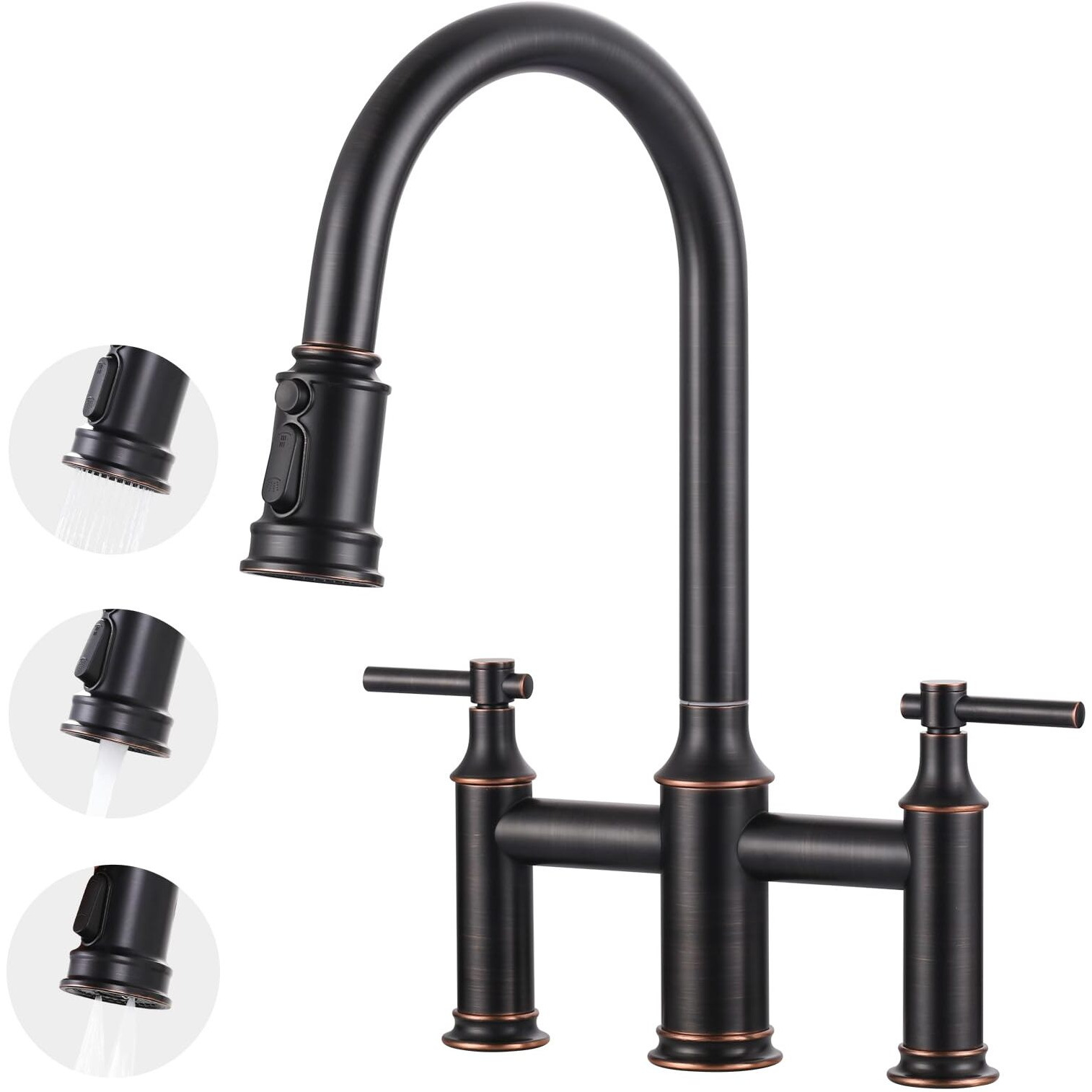 Bridge Faucet Oil Rubbed Bronze Brass Two Handles Bridge Kitchen Faucet With Pull Down Sprayer - 3 Hole 8 Inch Centerset Kitchen Sink Faucet For Farmhouse Rv Laundry, 360 Swivel Spout