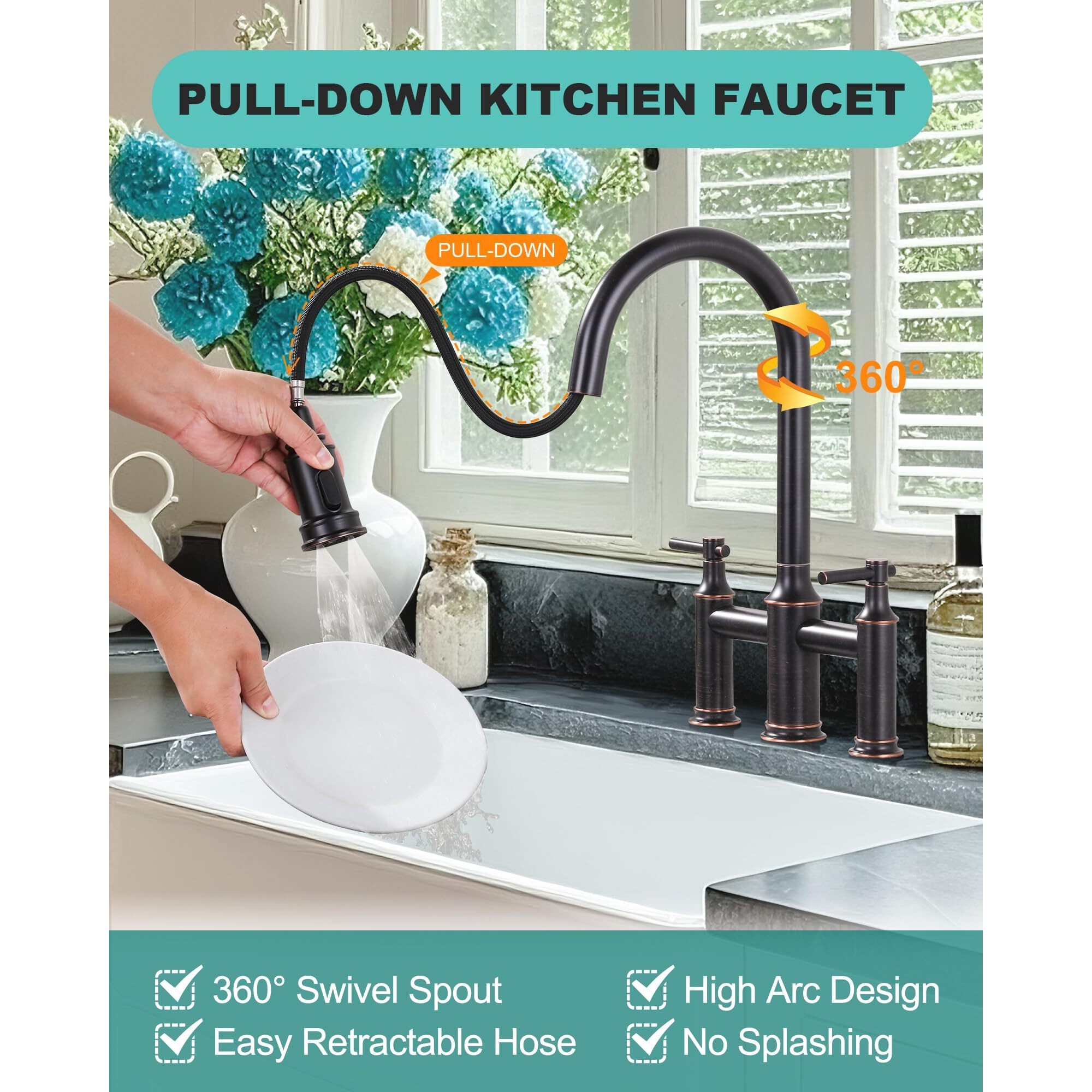Bridge Faucet Oil Rubbed Bronze Brass Two Handles Bridge Kitchen Faucet With Pull Down Sprayer - 3 Hole 8 Inch Centerset Kitchen Sink Faucet For Farmhouse Rv Laundry, 360 Swivel Spout