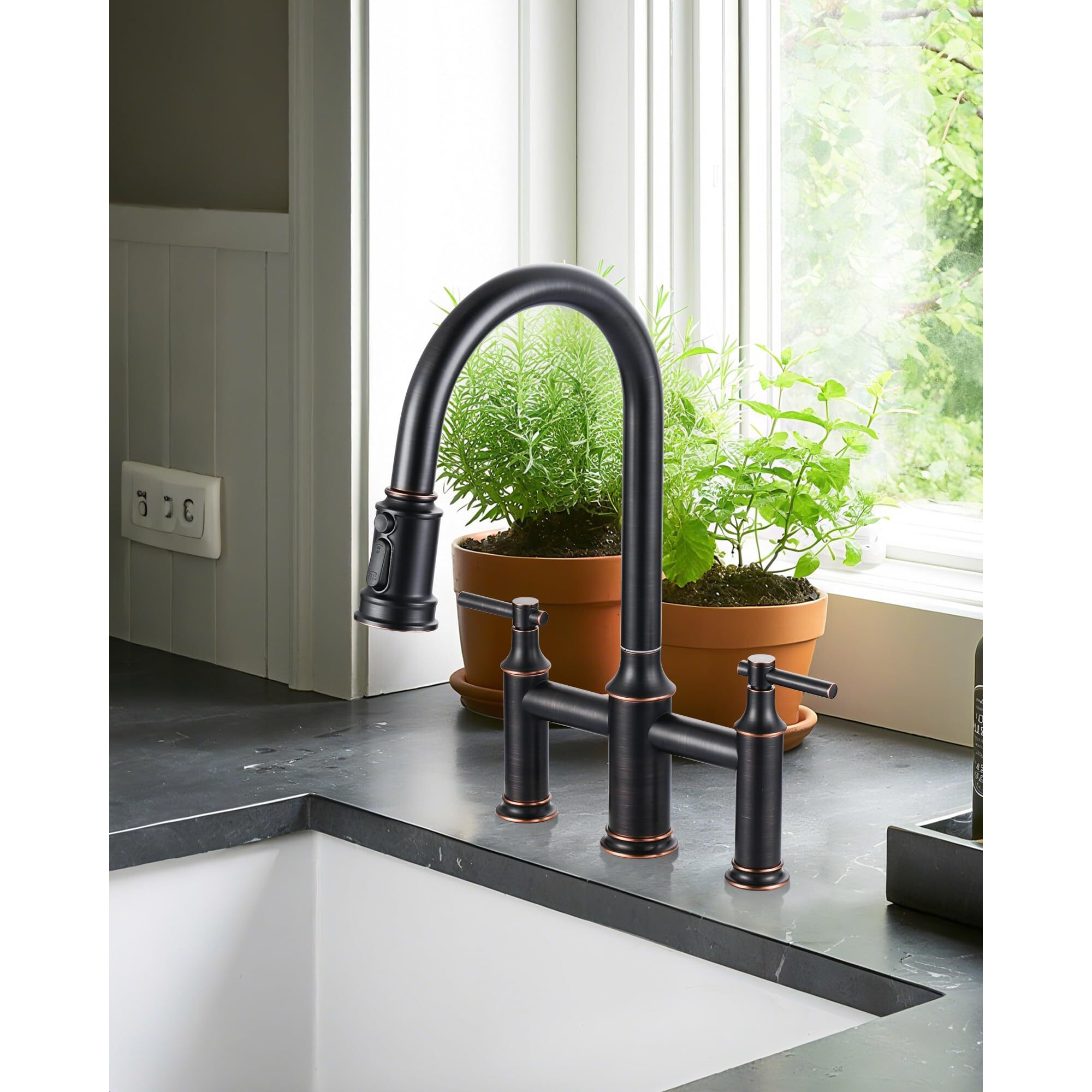Bridge Faucet Oil Rubbed Bronze Brass Two Handles Bridge Kitchen Faucet With Pull Down Sprayer - 3 Hole 8 Inch Centerset Kitchen Sink Faucet For Farmhouse Rv Laundry, 360 Swivel Spout