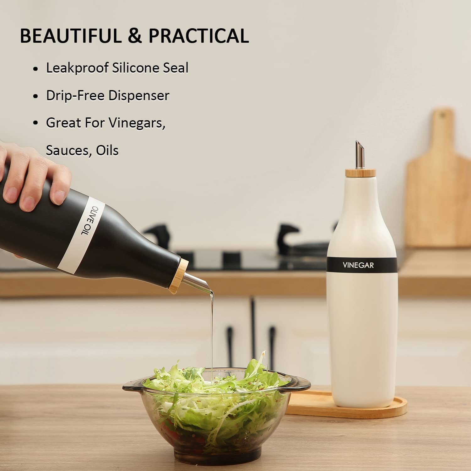 Homcdaly Olive Oil And Vinegar Dispenser Set, Two 16Oz Ceramic Oil Dispenser For Kitchen, Kitchen Dispenser Bottle For Evoo Vinegar Syrups, Modern Farmhouse Design| Set Of 2 -Black &White