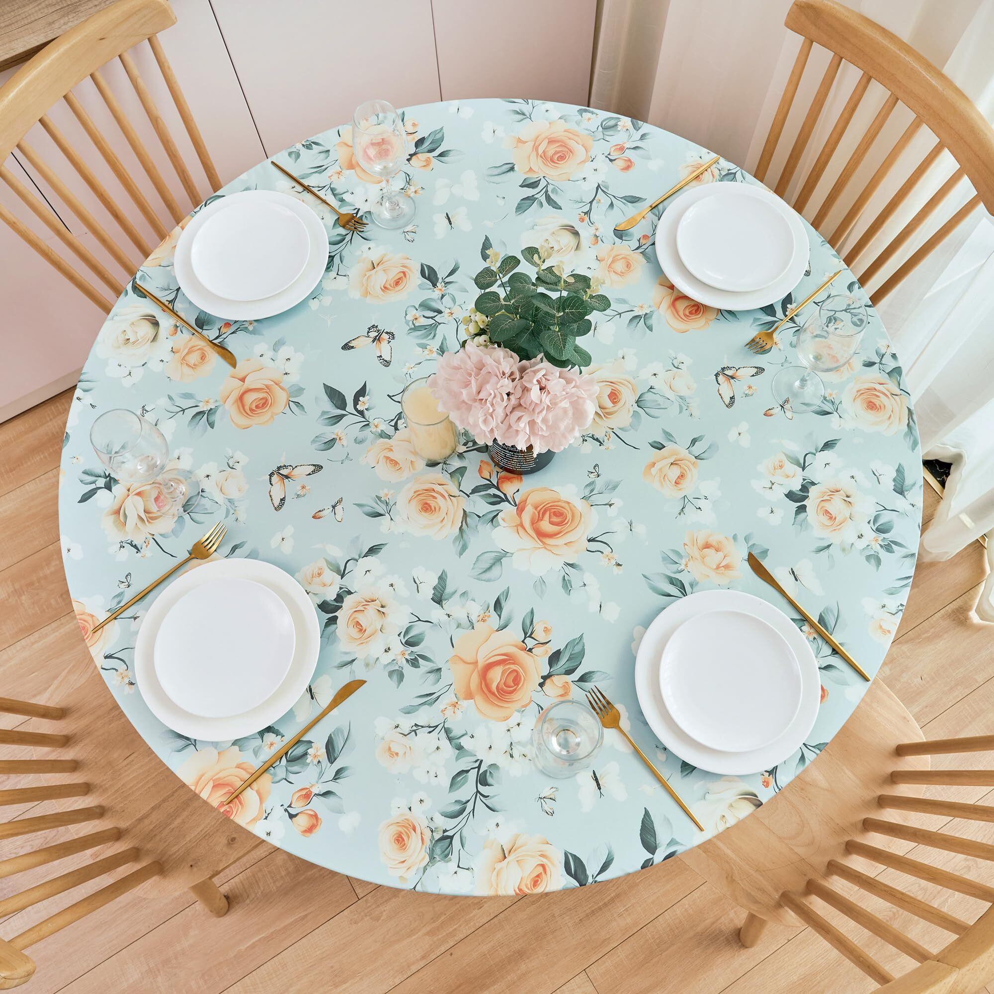 Nlmuvw Round Fitted Vinyl Tablecloth With Elastic Edge 100% Waterproof Oil Proof Super Elastic Table Cloth Wipe Clean Table Cover For Indoor And Outdoor, Yellow Rose, 37""- 54""