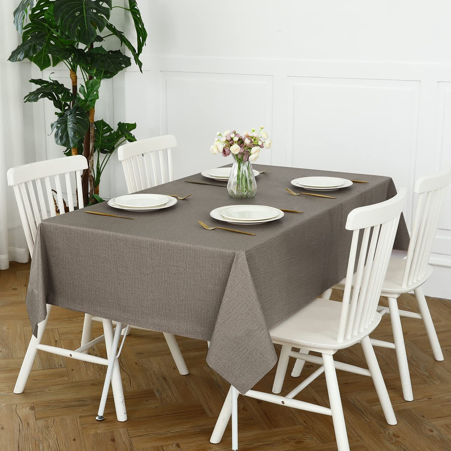 Romanstile 100% Waterproof Pvc Tablecloth, Rectangle Oil Spill Proof Stain Resistant Vinyl Table Cloth, Wipe Clean Plastic Table Covers For Kitchen/Dining/Parties - 54 X 120 Inch, Brown