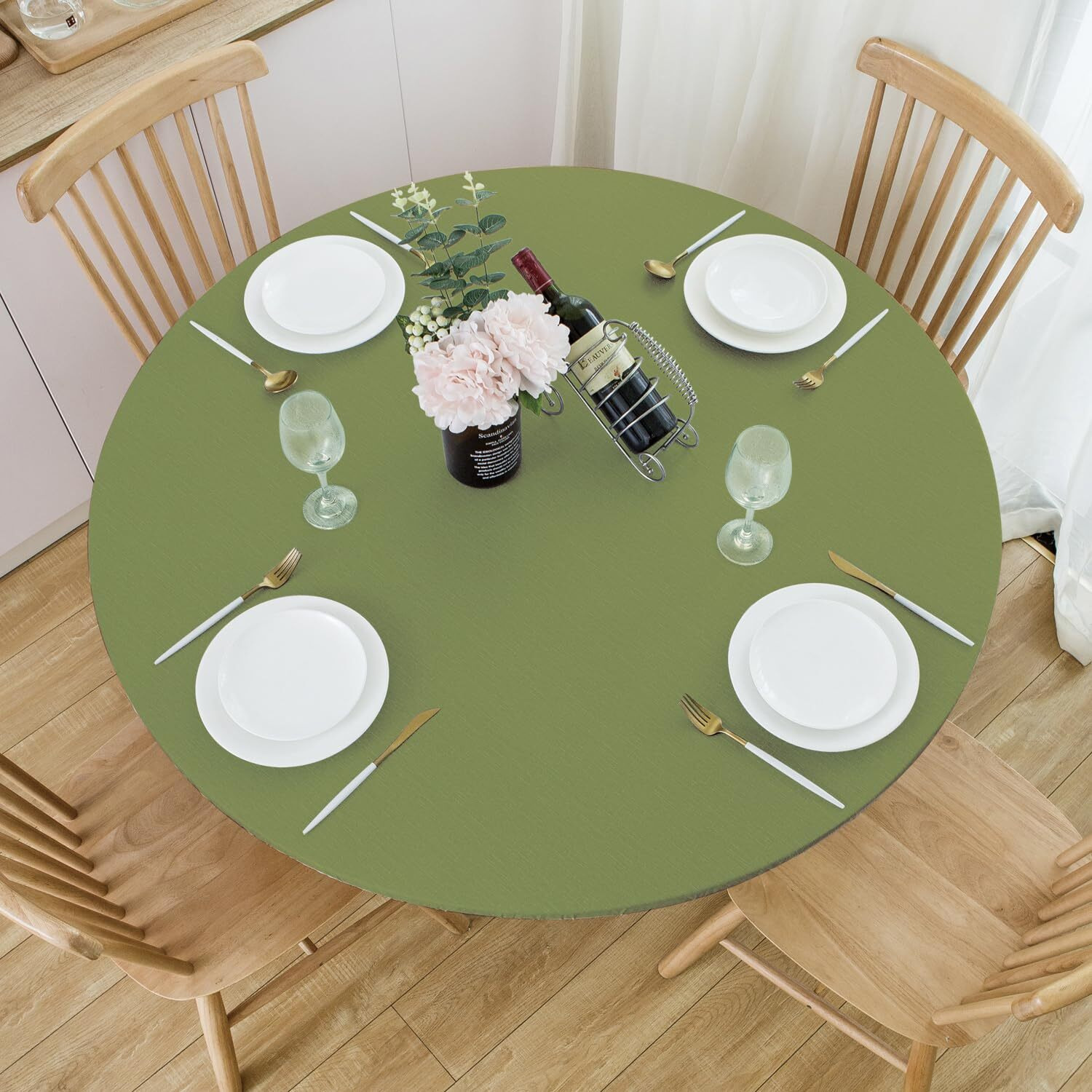 Nlmuvw Round Fitted Vinyl Tablecloth With Elastic Edge 100% Waterproof Oil Proof Pvc Table Cloth Wipe Clean Table Cover For Indoor And Outdoor, Olive Green, 57""- 65""