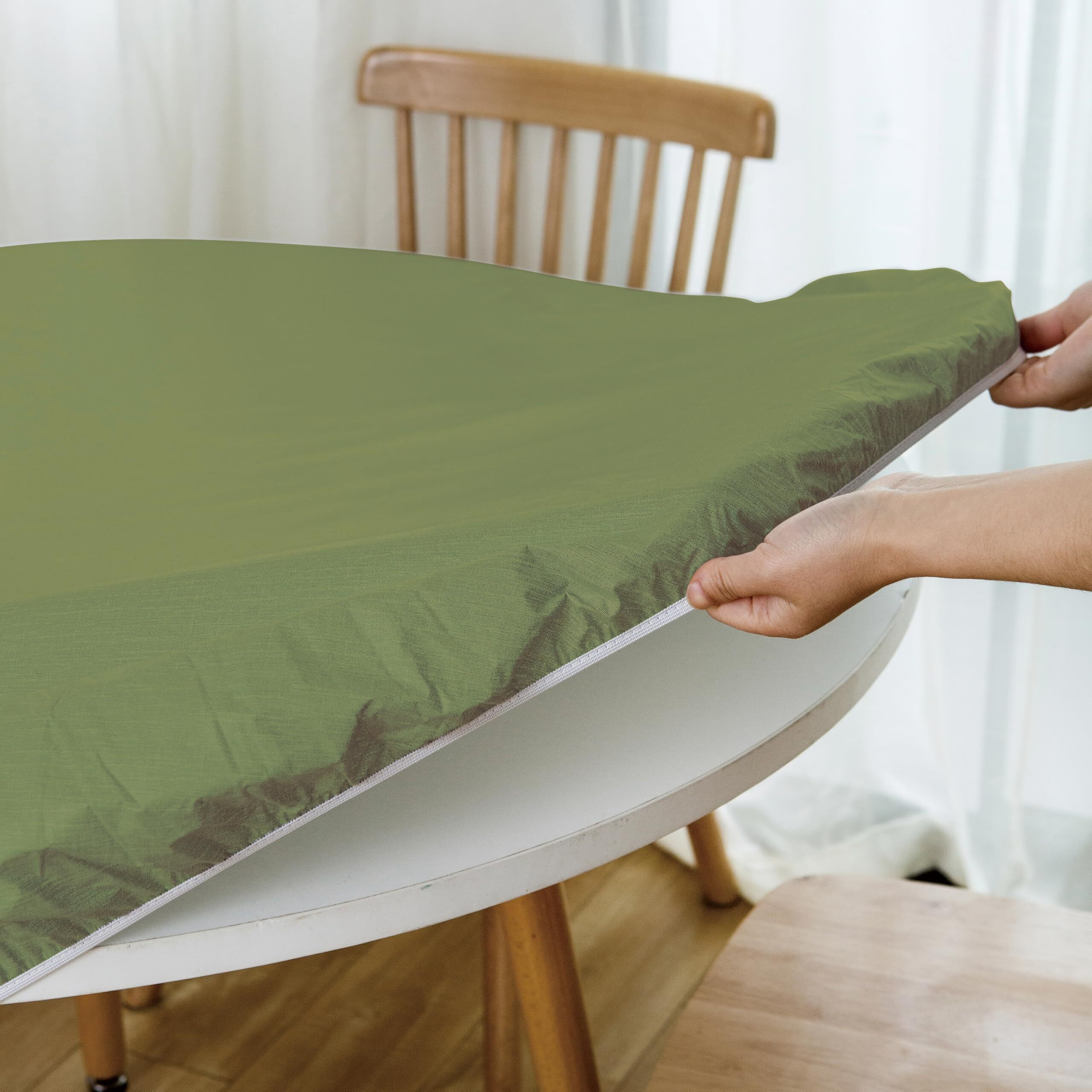 Nlmuvw Round Fitted Vinyl Tablecloth With Elastic Edge 100% Waterproof Oil Proof Pvc Table Cloth Wipe Clean Table Cover For Indoor And Outdoor, Olive Green, 57""- 65""