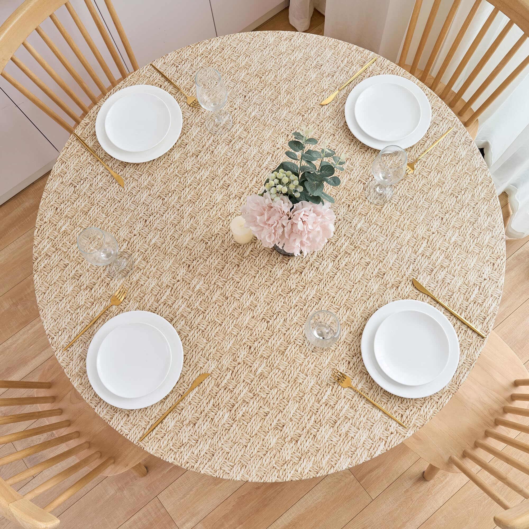 Nlmuvw Round Fitted Vinyl Tablecloth With Elastic Edge 100% Waterproof Oil Proof Pvc Table Cloth Wipe Clean Table Cover For Indoor And Outdoor, Wood Check, 40""- 44""