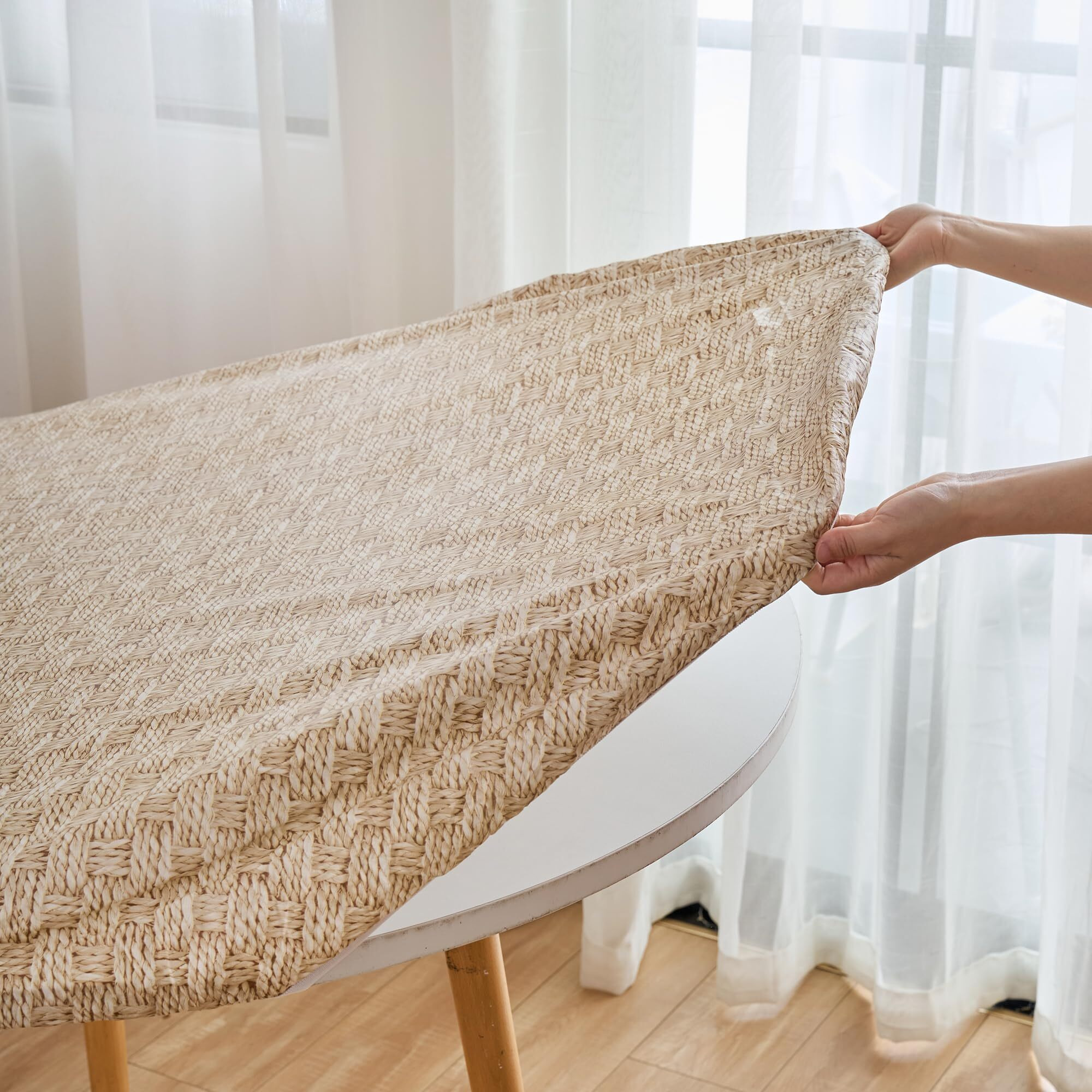 Nlmuvw Round Fitted Vinyl Tablecloth With Elastic Edge 100% Waterproof Oil Proof Pvc Table Cloth Wipe Clean Table Cover For Indoor And Outdoor, Wood Check, 40""- 44""