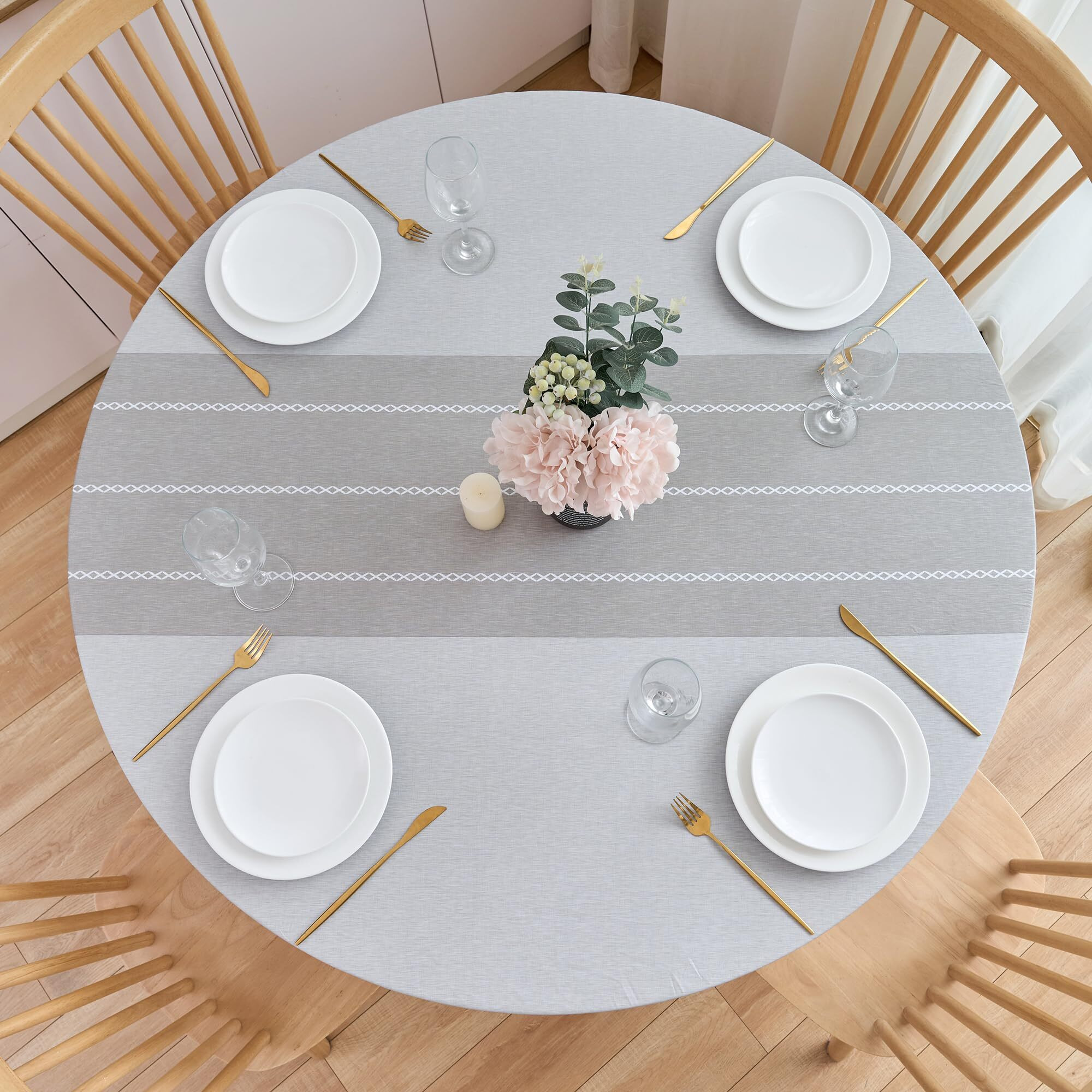 Nlmuvw Round Fitted Vinyl Tablecloth With Elastic Edge, 100% Waterproof Oil Proof Grey Pvc Table Cloth Wipe Clean Table Cover For Indoor And Outdoor, 45""- 56""