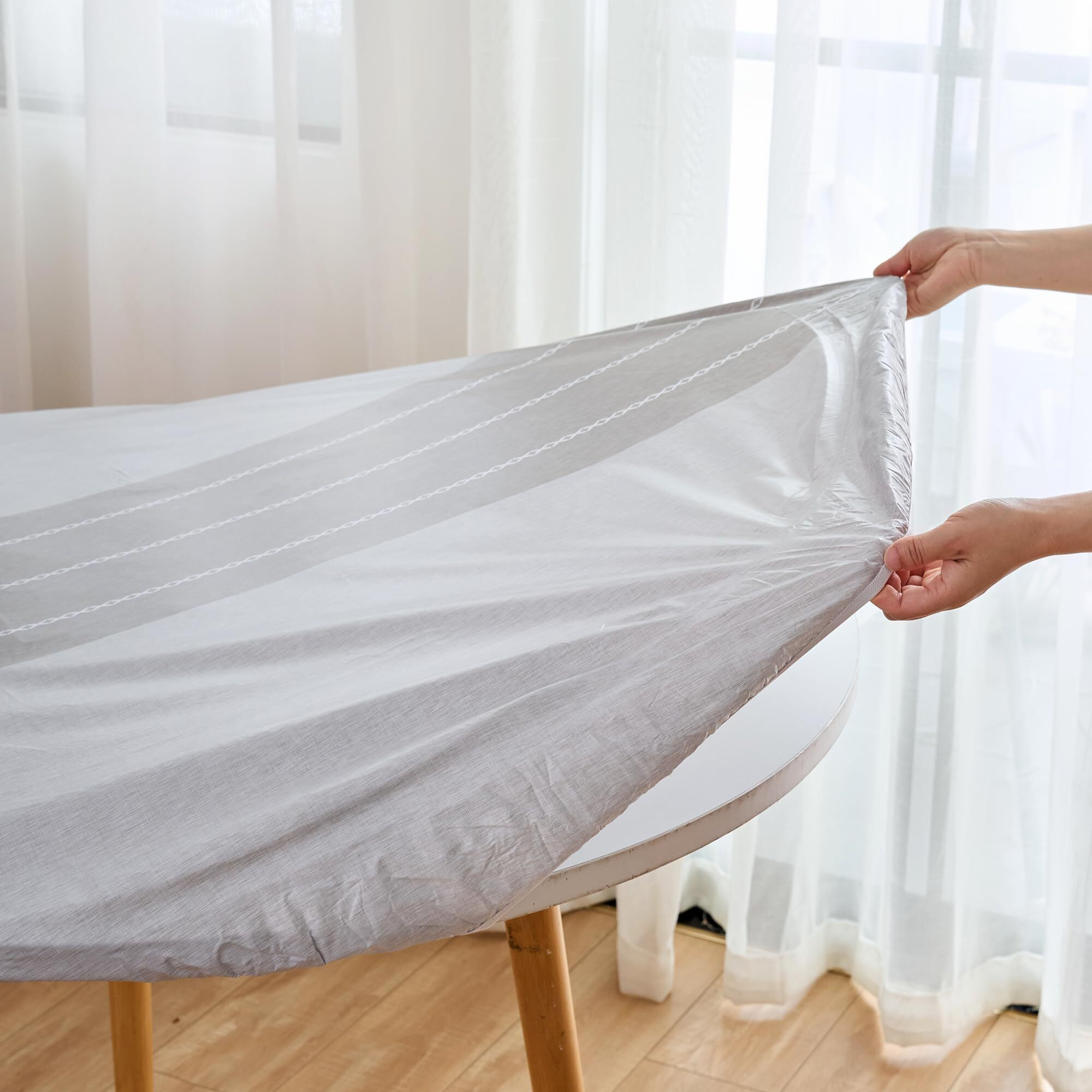 Nlmuvw Round Fitted Vinyl Tablecloth With Elastic Edge, 100% Waterproof Oil Proof Grey Pvc Table Cloth Wipe Clean Table Cover For Indoor And Outdoor, 45""- 56""