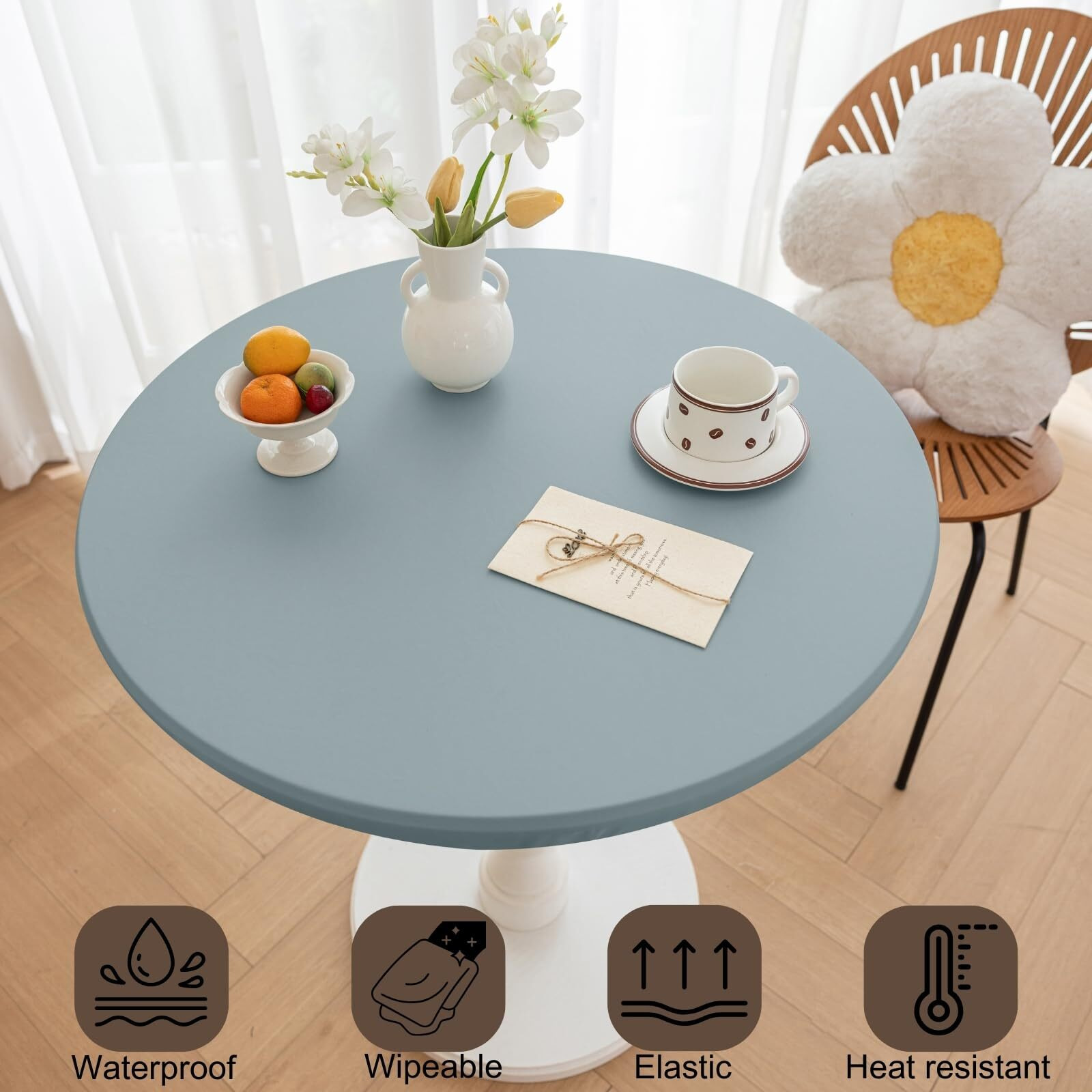 Huierxun Round Fitted Pu Tablecloth With High Elastic Edge 43 Inch Dia Waterproof Oil Proof Table Cloth Anti-Scald Stain-Resistant Wipeable Table Cover For Indoor Outdoor Picnic (Blue,43"" Dia)