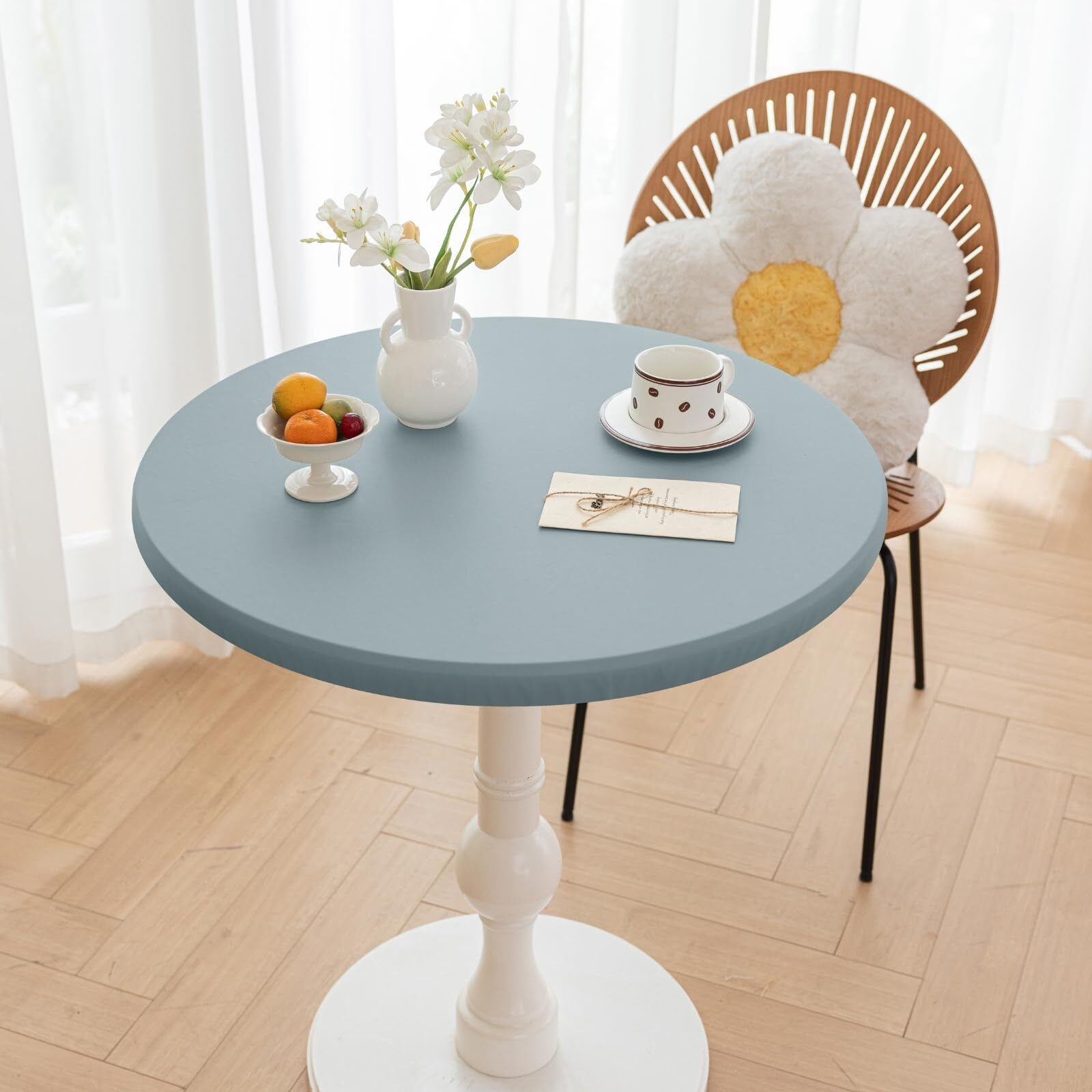 Huierxun Round Fitted Pu Tablecloth With High Elastic Edge 43 Inch Dia Waterproof Oil Proof Table Cloth Anti-Scald Stain-Resistant Wipeable Table Cover For Indoor Outdoor Picnic (Blue,43"" Dia)