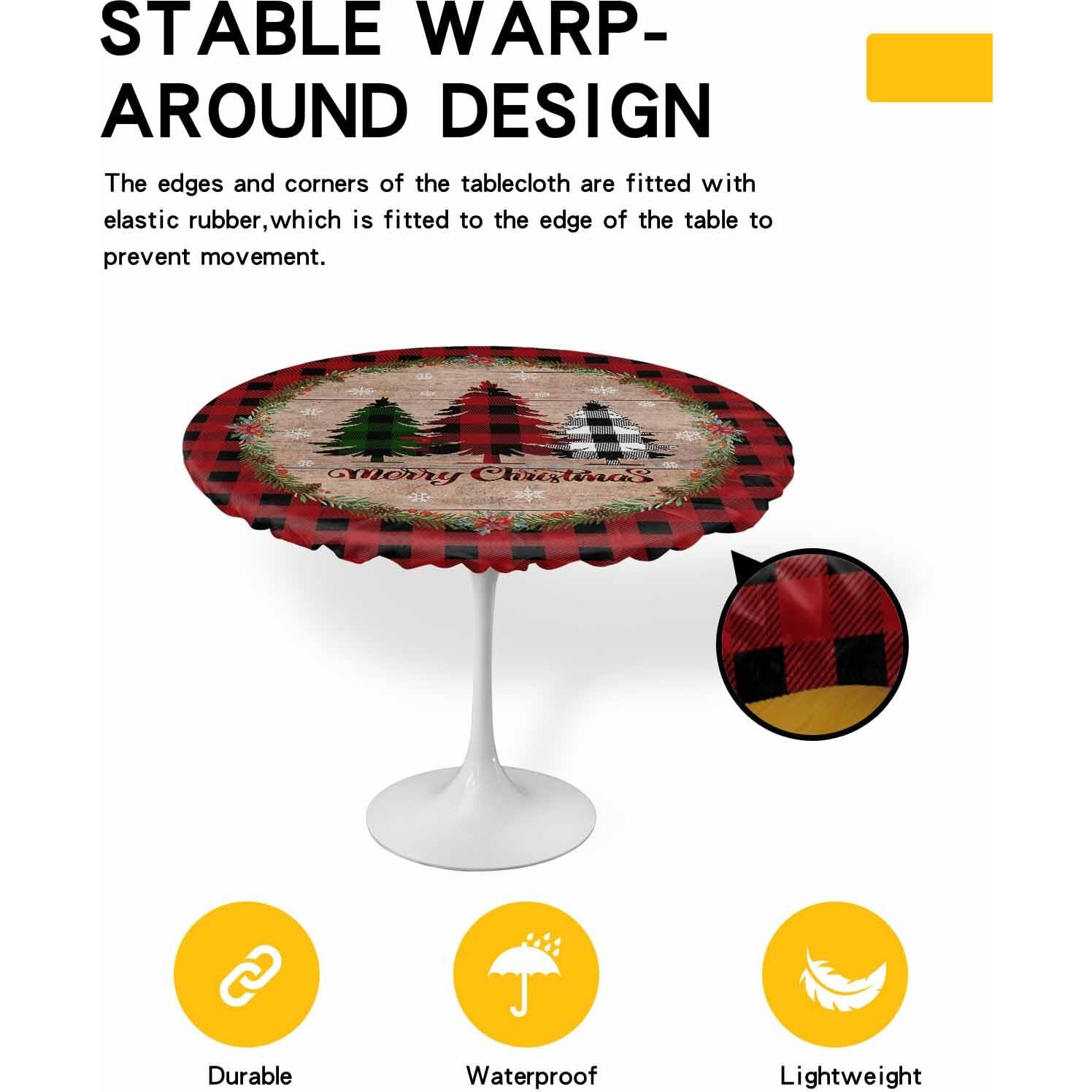 Ewdewwo Christmas Elastic Round Tablecloth, Christmas Tree Red Buffalo Plaid Xmas Snowflake Fitted Tablecloths For Round Table Oil-Proof Waterproof Table Cloth (Fit For 36"" - 44"" Round Tables)