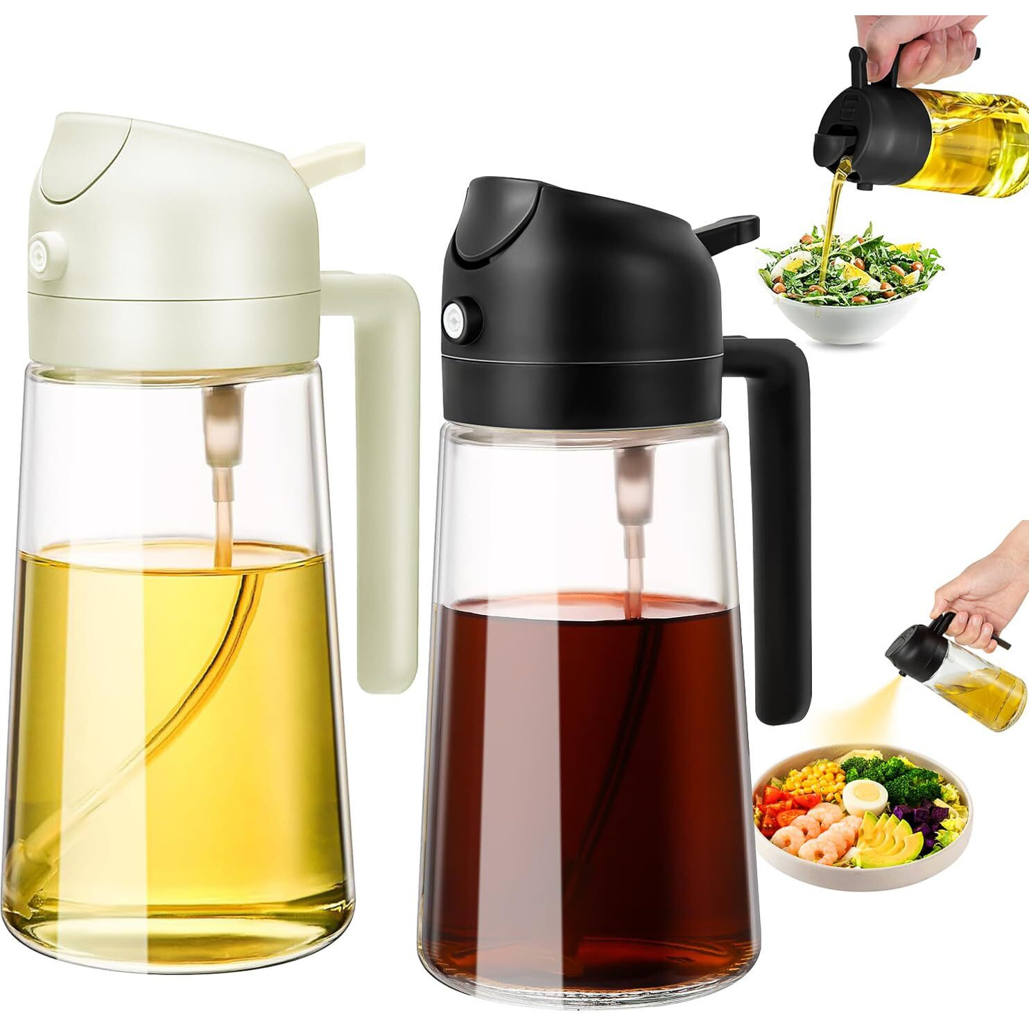 Lutitasd Oil Dispenser For Kitchen, 2 In 1 Oil Sprayer Bottles, 470Ml Oil Sprayer For Cooking Olive Oil Spray Bottle, Oil Spray Glass Bottle For Air Fryer, Salad, Bbq (Black+White)