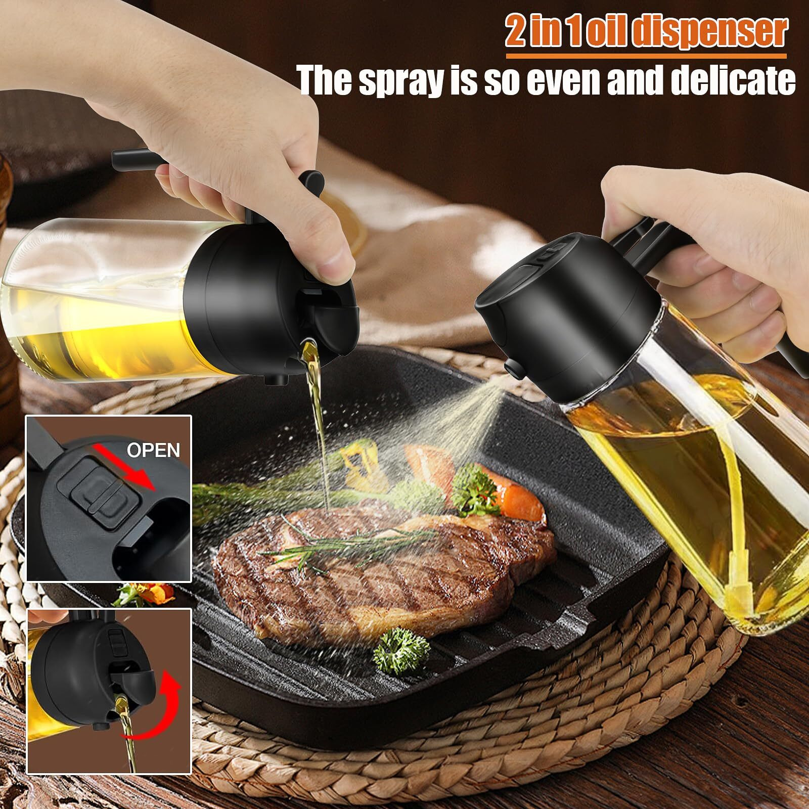 Lutitasd Oil Dispenser For Kitchen, 2 In 1 Oil Sprayer Bottles, 470Ml Oil Sprayer For Cooking Olive Oil Spray Bottle, Oil Spray Glass Bottle For Air Fryer, Salad, Bbq (Black+White)