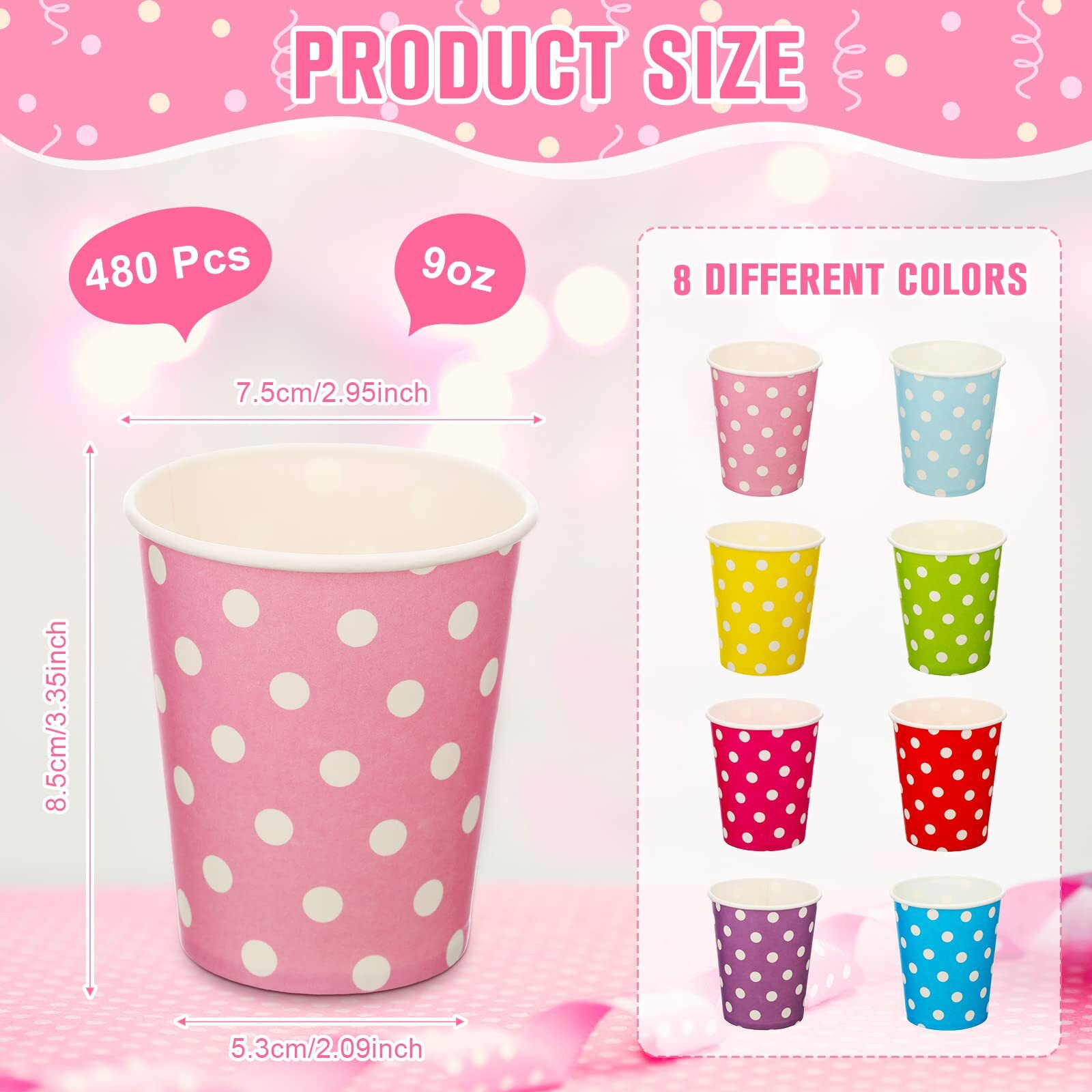 Potchen 480 Pack 9 Oz Paper Disposable Mouthwash Cups Cold Beverage Drinking Polka Dots Bathroom Cups For Water Coolers, Party, Home, Office, Travel And Event
