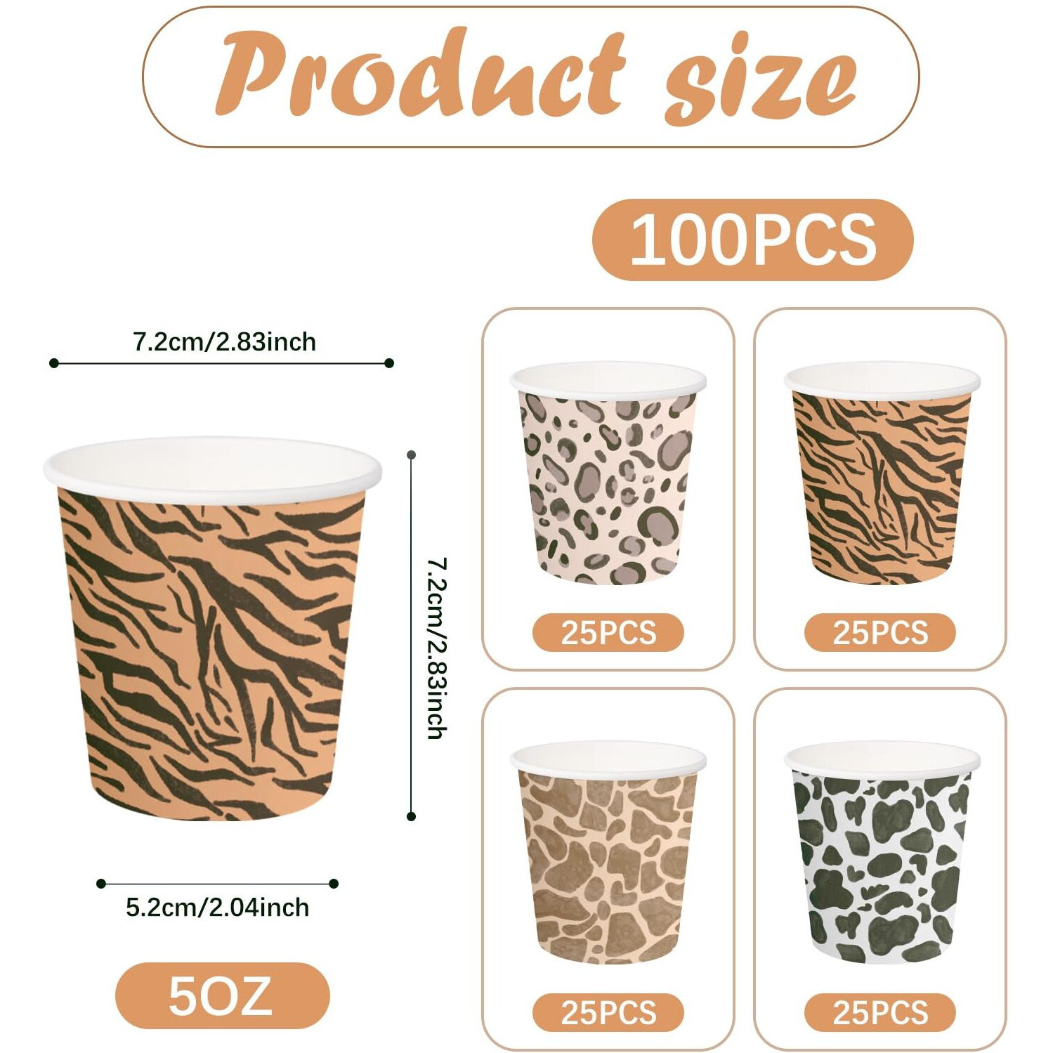 Ruspepa 5Oz Disposable Paper Cups, Bathroom Cups Small Mouthwash, 100 Pack Set Leopard Design, Perfect For Hot/Cold Beverage Coffee, Dessert For Birthday Parties, Home-Use, Picnic, Bbq, Travel
