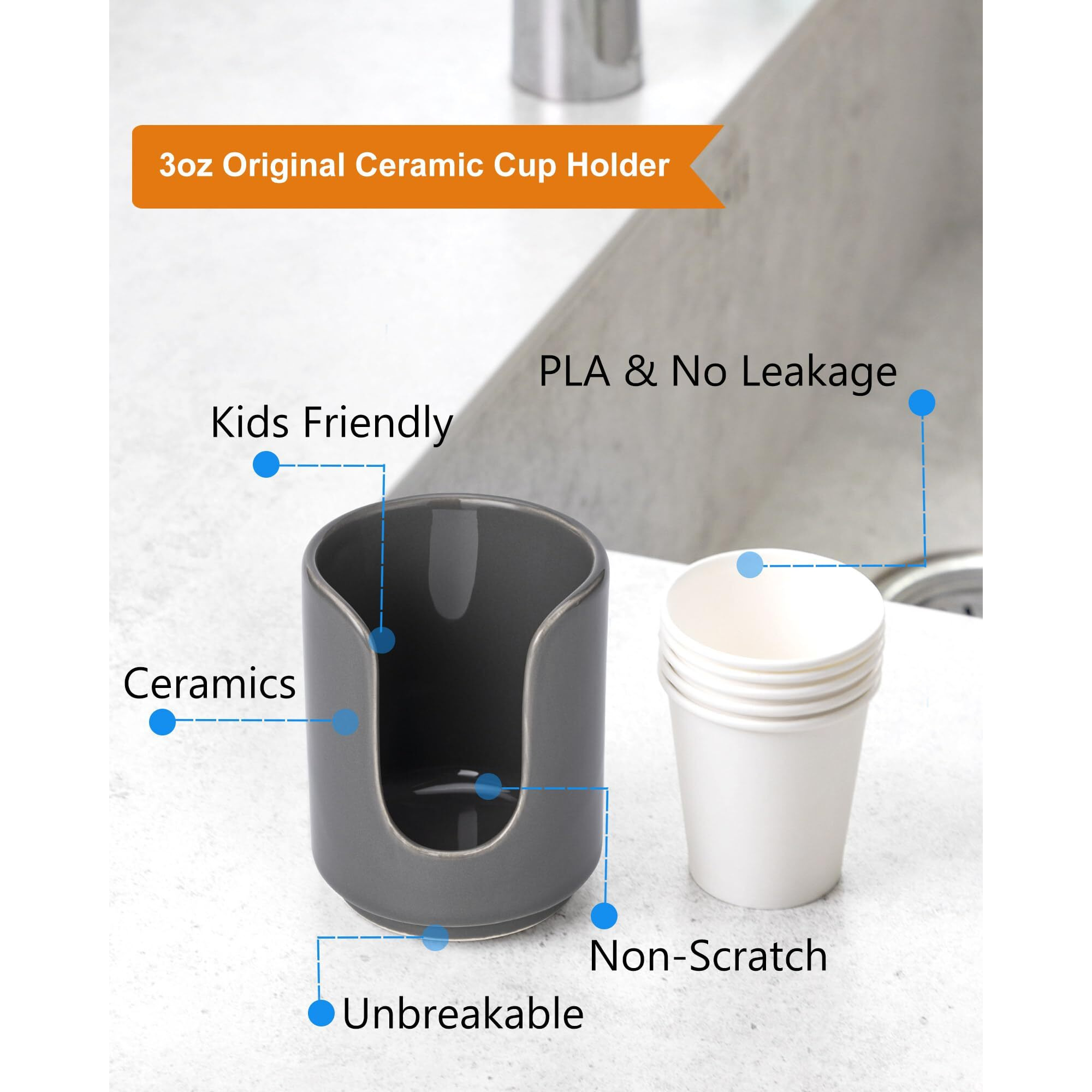 Viosuniu 3 Oz Original Ceramic Bathroom Cup Dispenser With 5 Pla Paper Cups, Bathroom Essential Accessories For Mouthwash Holder On Bathroom Vanity Countertops (1 Pack, Grey)