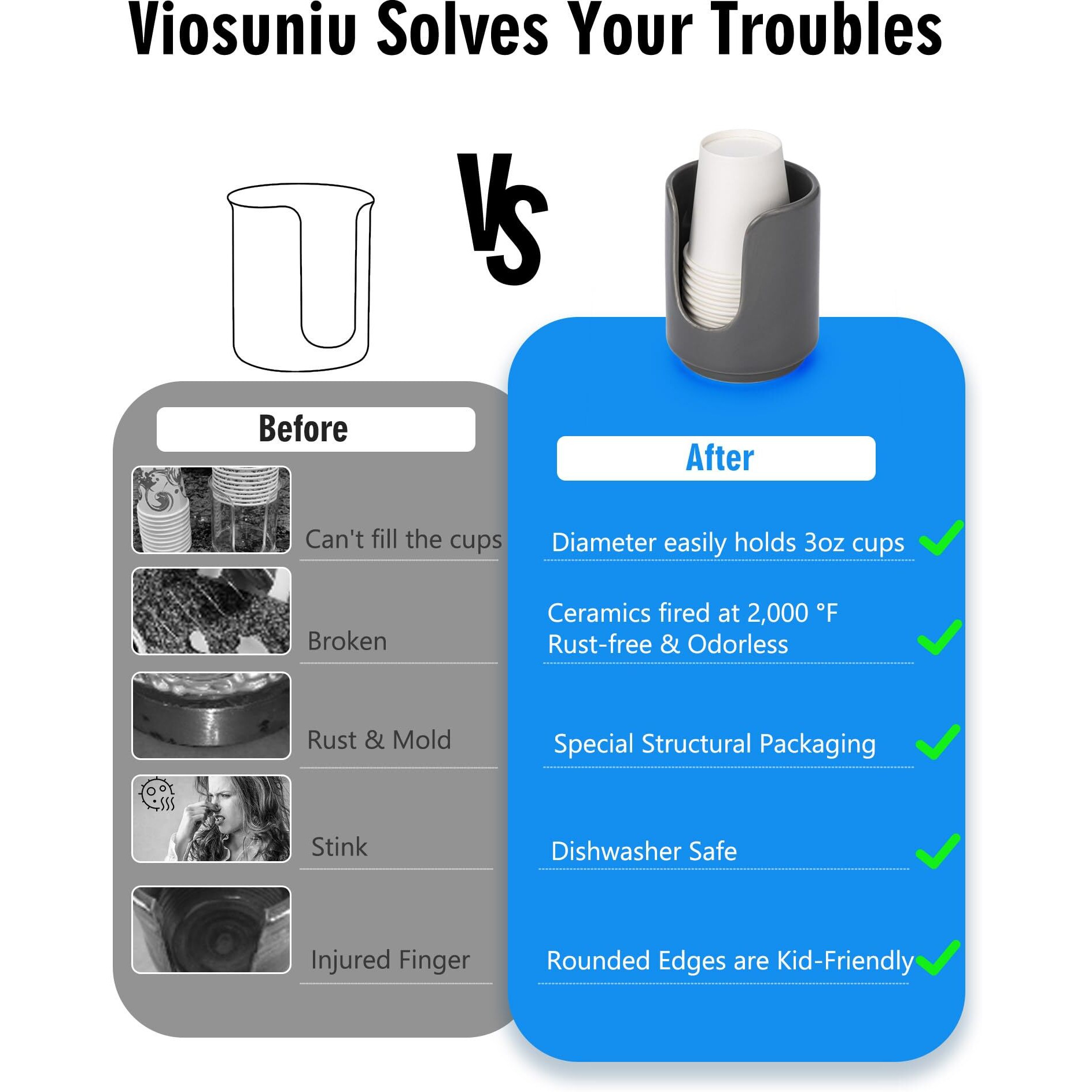 Viosuniu 3 Oz Original Ceramic Bathroom Cup Dispenser With 5 Pla Paper Cups, Bathroom Essential Accessories For Mouthwash Holder On Bathroom Vanity Countertops (1 Pack, Grey)