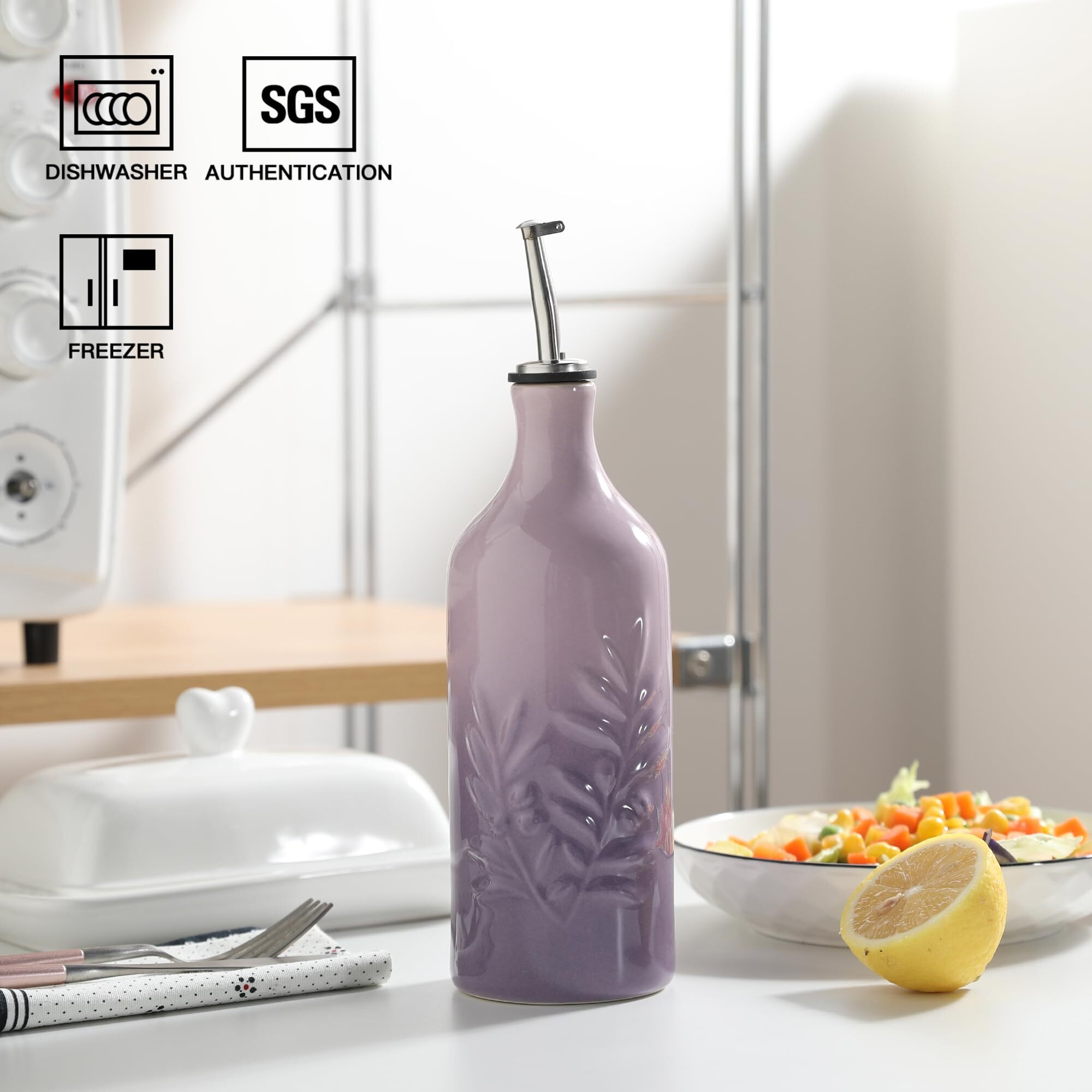 Sweejar Ceramic Olive Oil Dispenser Bottle, 20 Oz Relief Opaque Oil Cruet Protects To Reduce Oxidation, Suitable For Storage Soy Sauce, Coffee Syrup, Liquids, Set Of 1 (Gradient Purple)