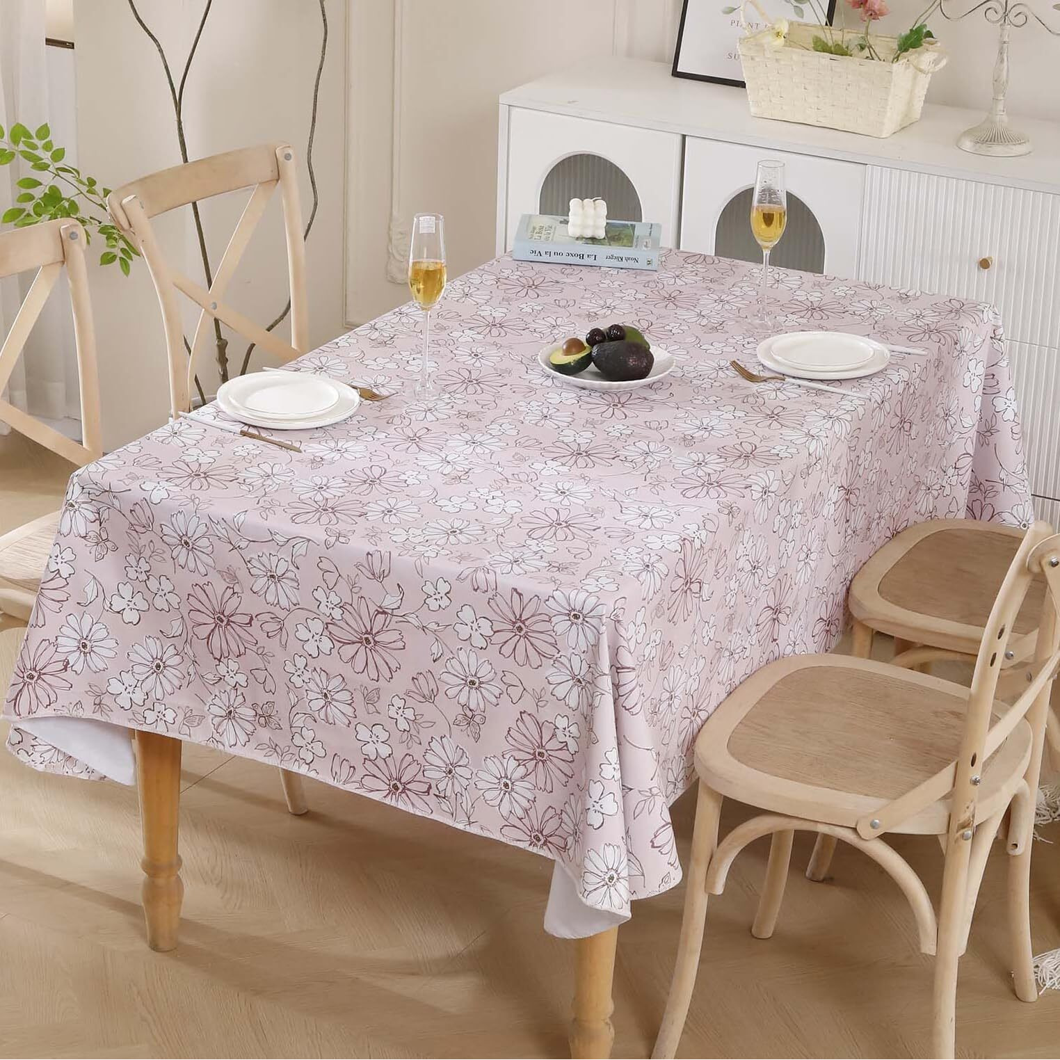 Heavy Duty Vinyl Tablecloth With Flannel Backing Waterproof Oil-Proof Plastic Table Cloth Stain-Resistant Wipeable Rectangle Or Square Table Cover For Indoor And Outdoor (Red Flower