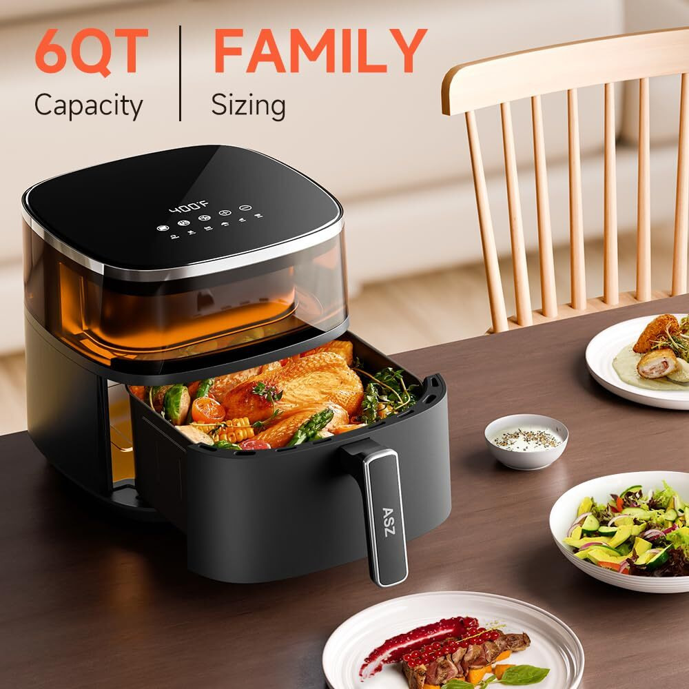 Asz Digital Air Fryer 6 Qt With Window Up - Big Airfryer 6 Presets Preheat Airfry Reheat Bake Roist Broil 400F Airfrier 85% Oil Less,Nonstick Dishwasher-Safe Parts, Automatic Shutoff