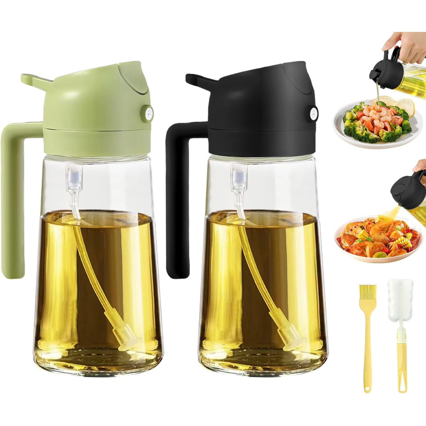Plapitate 2Pcs Oil Sprayer For Cooking, 16Oz/470Ml Oil Dispenser For Kitchen, 2 In 1 Olive Oil Dispenser Bottle For Kitchen Gadgets, Air Fryer, Salad, Bbq (Black, Green)
