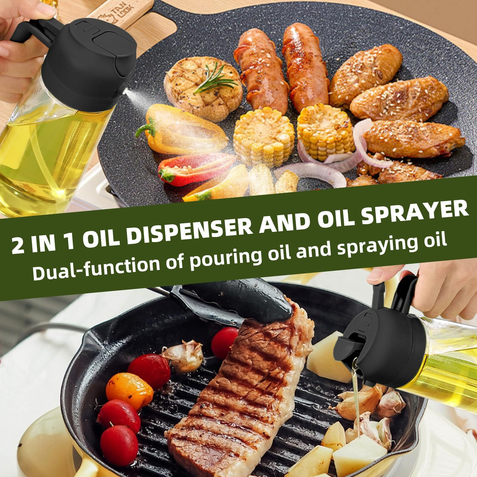 Plapitate 2Pcs Oil Sprayer For Cooking, 16Oz/470Ml Oil Dispenser For Kitchen, 2 In 1 Olive Oil Dispenser Bottle For Kitchen Gadgets, Air Fryer, Salad, Bbq (Black, Green)