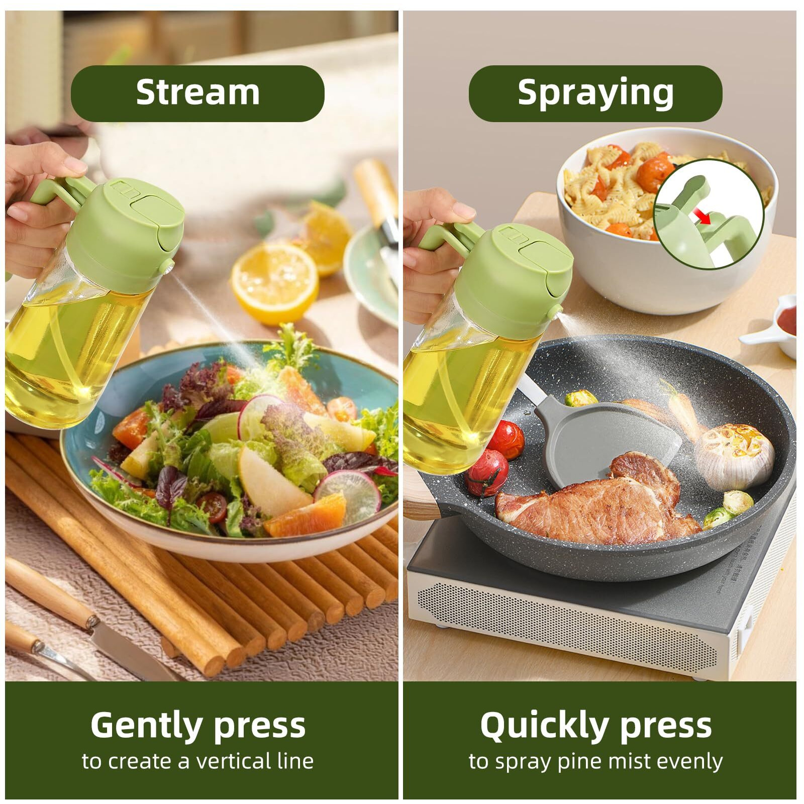 Plapitate 2Pcs Oil Sprayer For Cooking, 16Oz/470Ml Oil Dispenser For Kitchen, 2 In 1 Olive Oil Dispenser Bottle For Kitchen Gadgets, Air Fryer, Salad, Bbq (Black, Green)