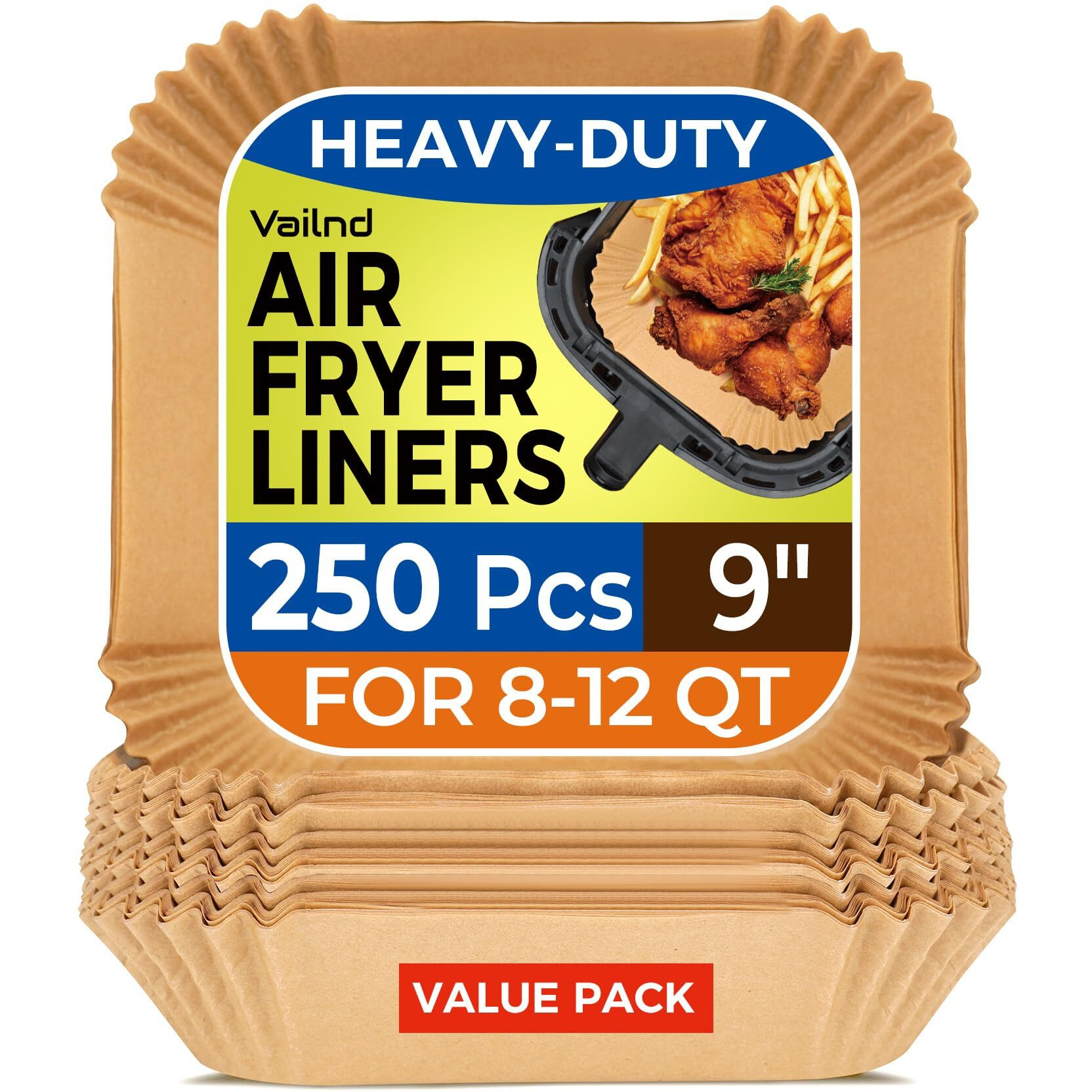 Vailnd Air Fryer Disposable Paper Liners 9Inch Square, 125Pcs Non-Stick Food Grade Air Fryer Parchment Paper, Oil Resistant & Waterproof Baking Liner For 8-12 Qt Air Fryer Oven