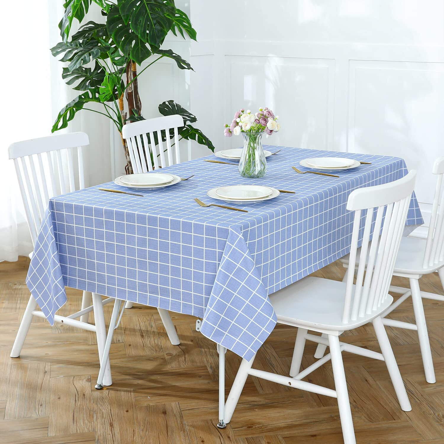 Romanstile Rectangle Plastic Tablecloth, 100% Waterproof Oil-Proof Checkered Pvc Table Cloths, Heavy Duty Vinyl Table Covers For Dining, Camping, Picnic, Outdoor - 52 X 70 Inch, Blue