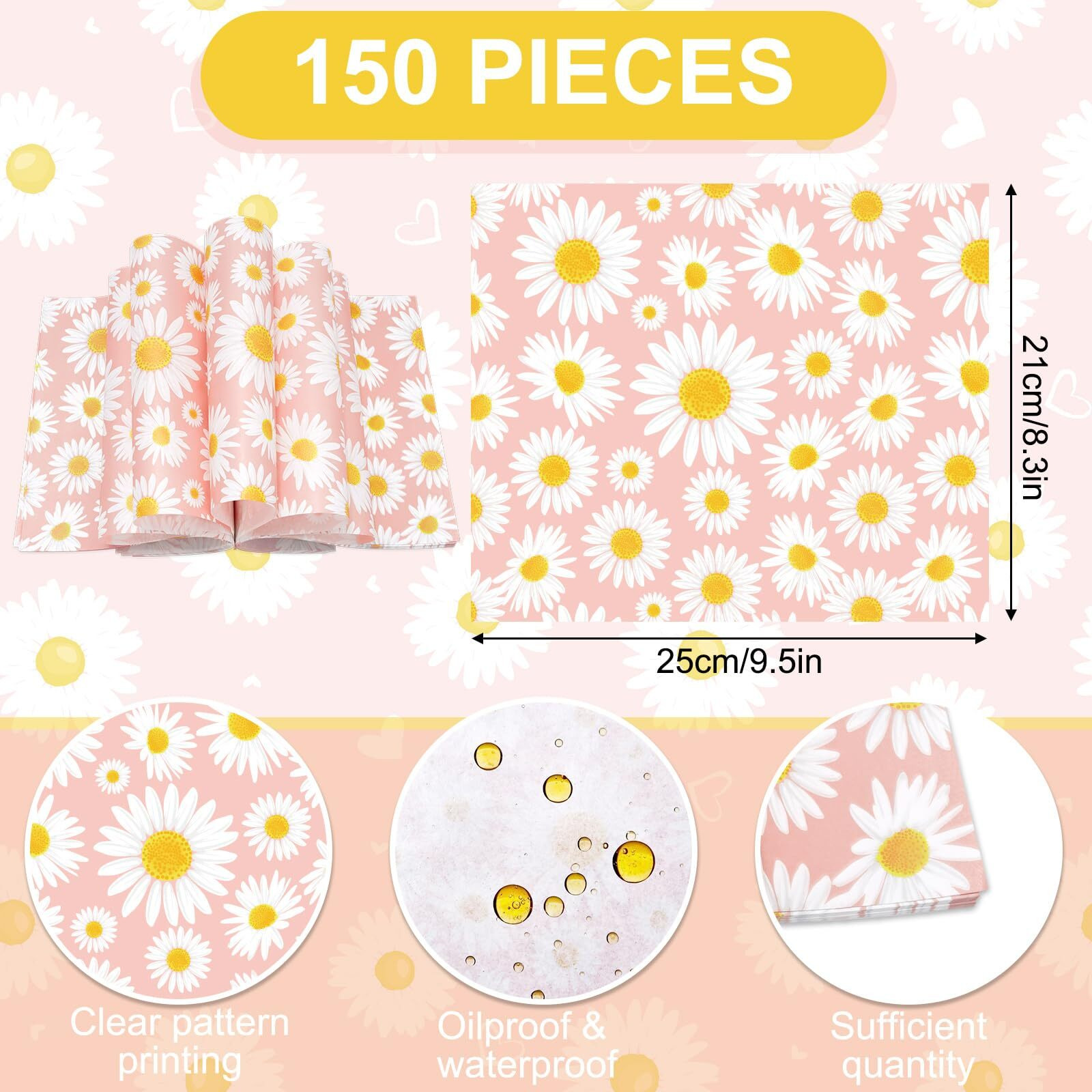 Jarthenaamcs 150Pcs Daisy Pink Wax Paper Spring Flower Deli Paper Pastel Floral Sandwich Wrap Paper Tissue Waterproof Oil-Proof Picnic Liners For Party Kitchen Supplies, 9.8 X 8.3 Inch