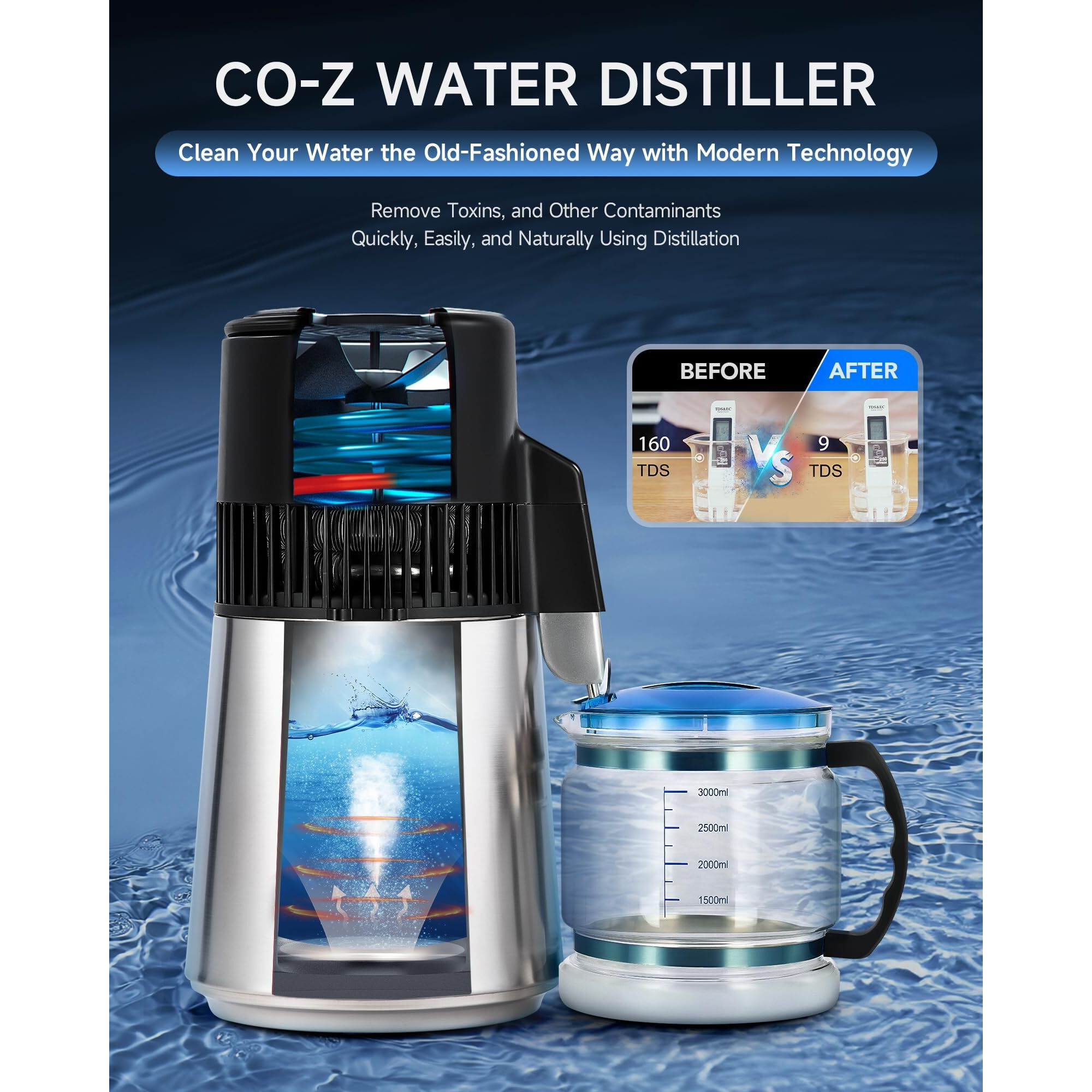 Co-Z Water Distiller For Home, 1350W 4L Distilled Water Machine For Cpap Machine With Control Panel & Glass Container, 1.1 Gal. Stainless Steel Water Distilling Equipment With Essential Oil Wine Modes