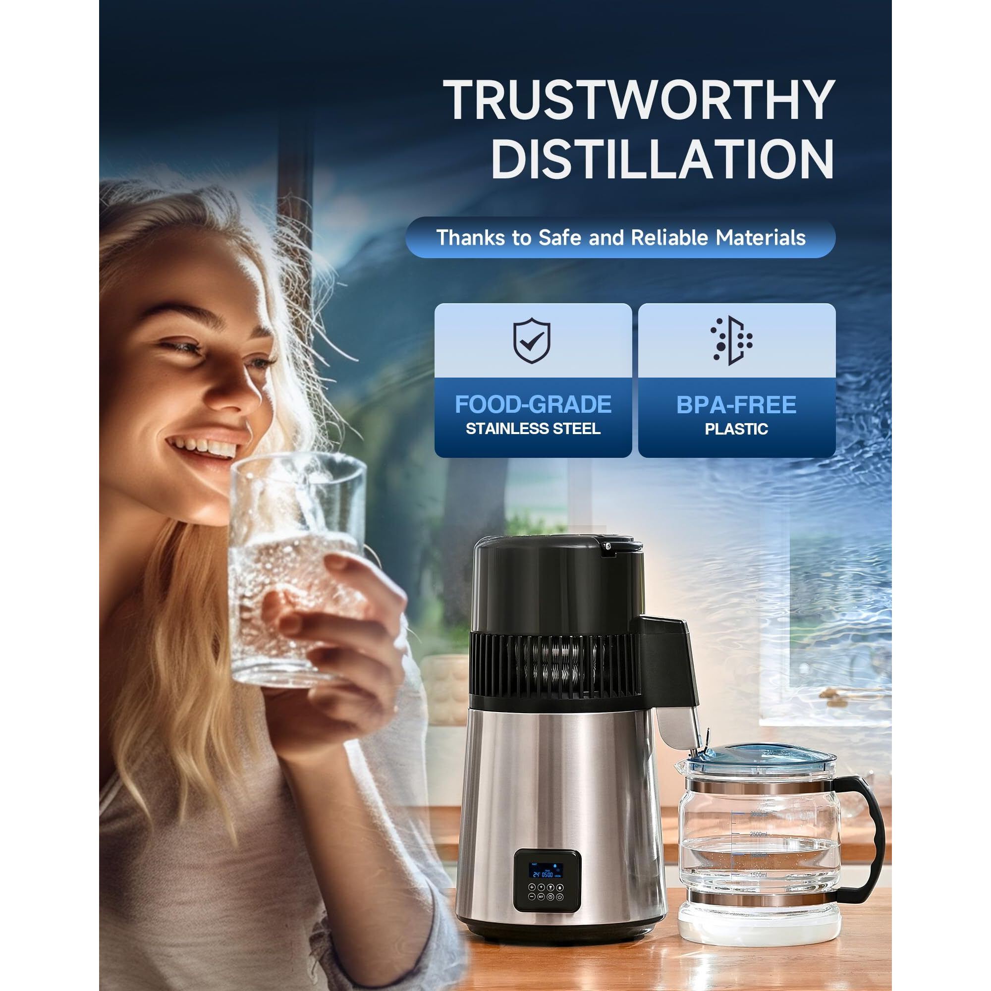Co-Z Water Distiller For Home, 1350W 4L Distilled Water Machine For Cpap Machine With Control Panel & Glass Container, 1.1 Gal. Stainless Steel Water Distilling Equipment With Essential Oil Wine Modes
