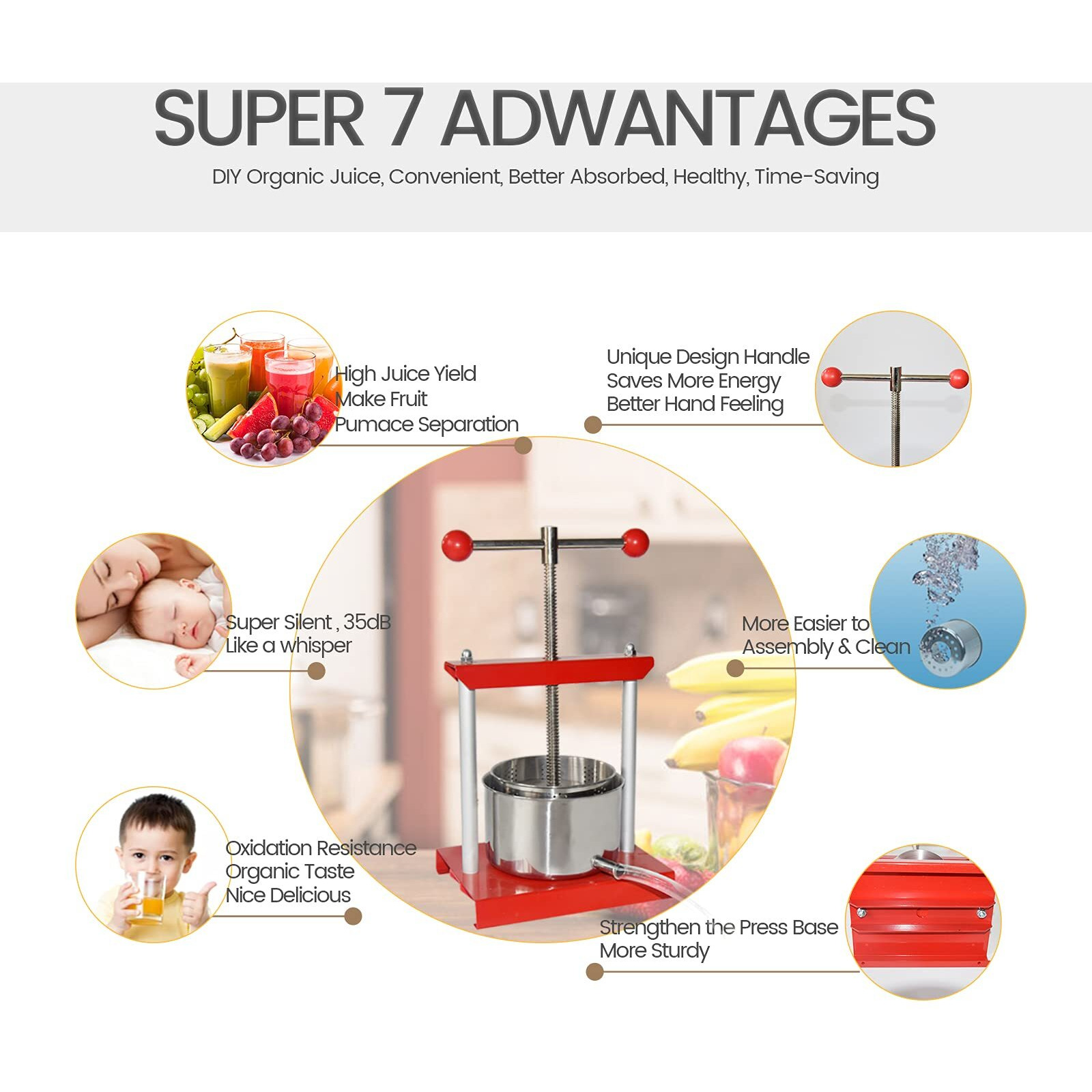 Squeeze Master Cheese Tincture Herb Fruit Wine Manual Press -0.8Gallon/ 3 Litre-Power Ball Handle-Stainless Steel & Iron For Juice,Cider,Wine,Olive Oil