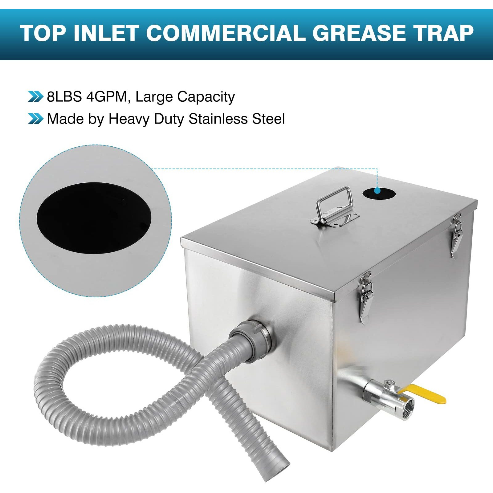 Ironwalls 8Lbs Top Inlet Commercial Grease Interceptor, Stainless Steel Grease Trap 4 Gallon, Under Sink Grease Trap Waste Water Oil-Water Separator For Restaurant, Cafe, Canteen, Factory, Kitchen