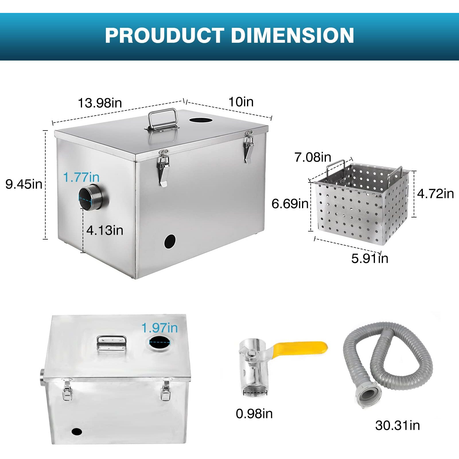 Ironwalls 8Lbs Top Inlet Commercial Grease Interceptor, Stainless Steel Grease Trap 4 Gallon, Under Sink Grease Trap Waste Water Oil-Water Separator For Restaurant, Cafe, Canteen, Factory, Kitchen