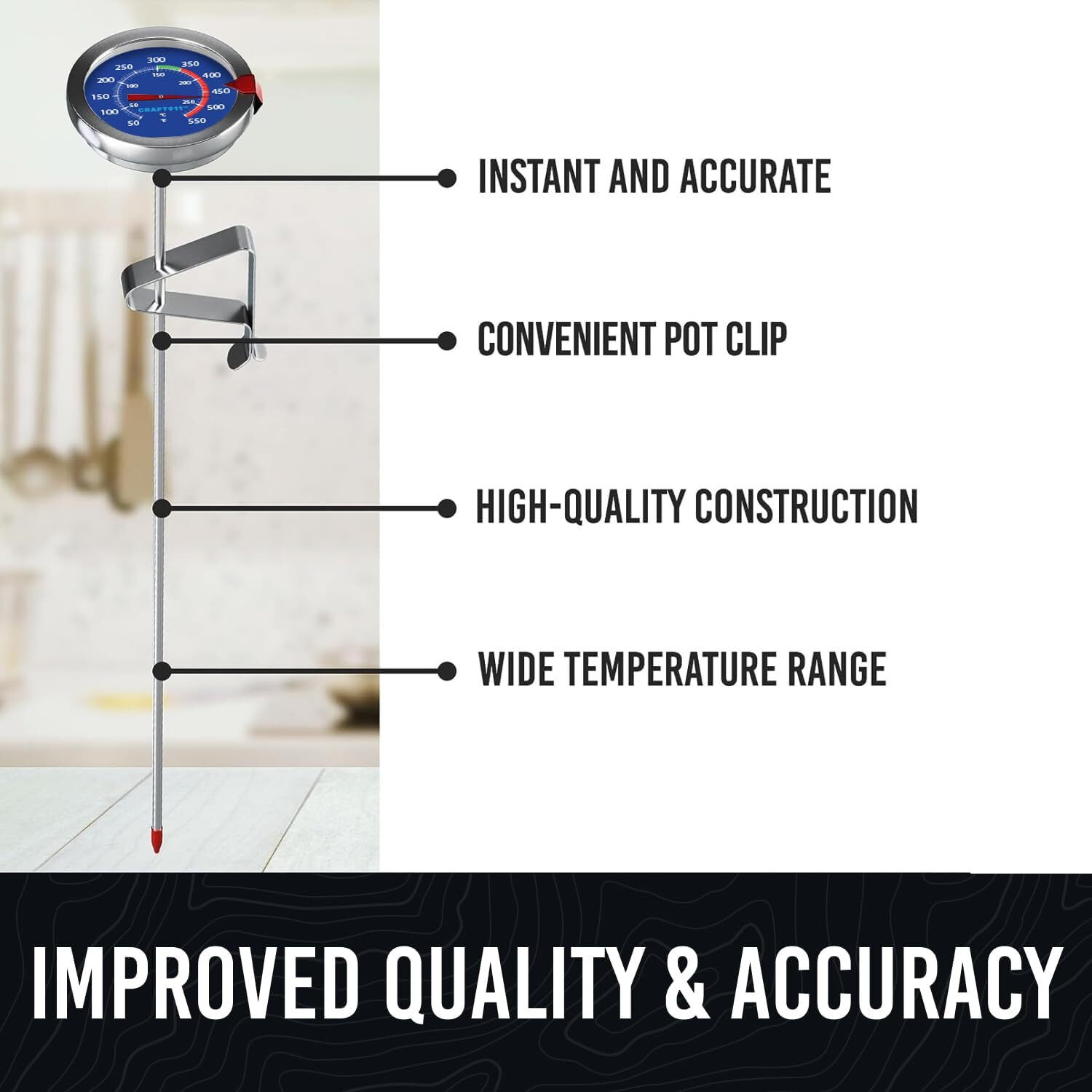 Craft911 Candy Thermometer With Pot Clip -Essential For Cooking - 8"" Deep Fry Oil Thermometer - Blue