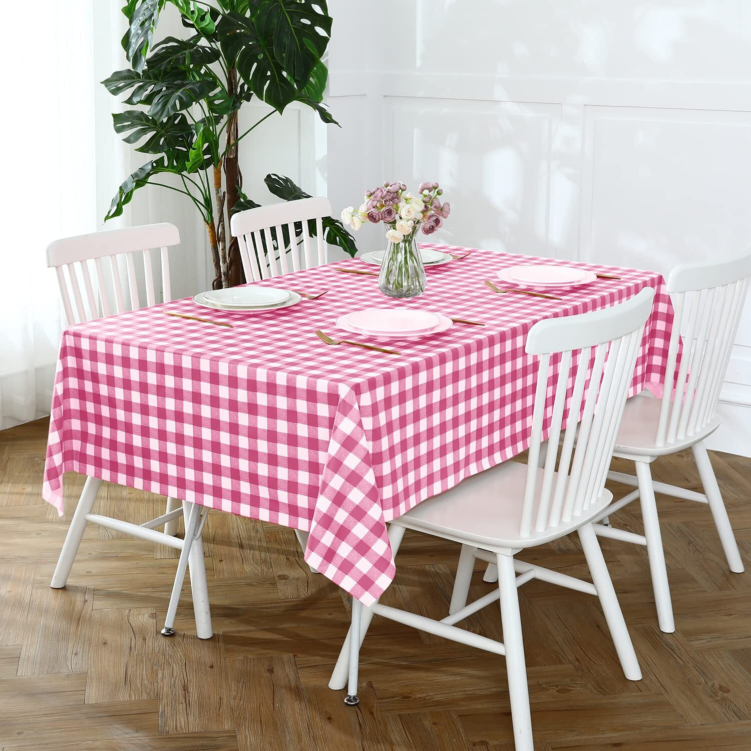 Romanstile Rectangle Vinyl Pvc Tablecloth, 100% Waterproof Buffalo Plaid Plastic Table Cloth, Oil Proof Heavy Duty Wipeable Table Covers For Dining/Camping/Picnic/Outdoor - 54 X 108, Hot Pink
